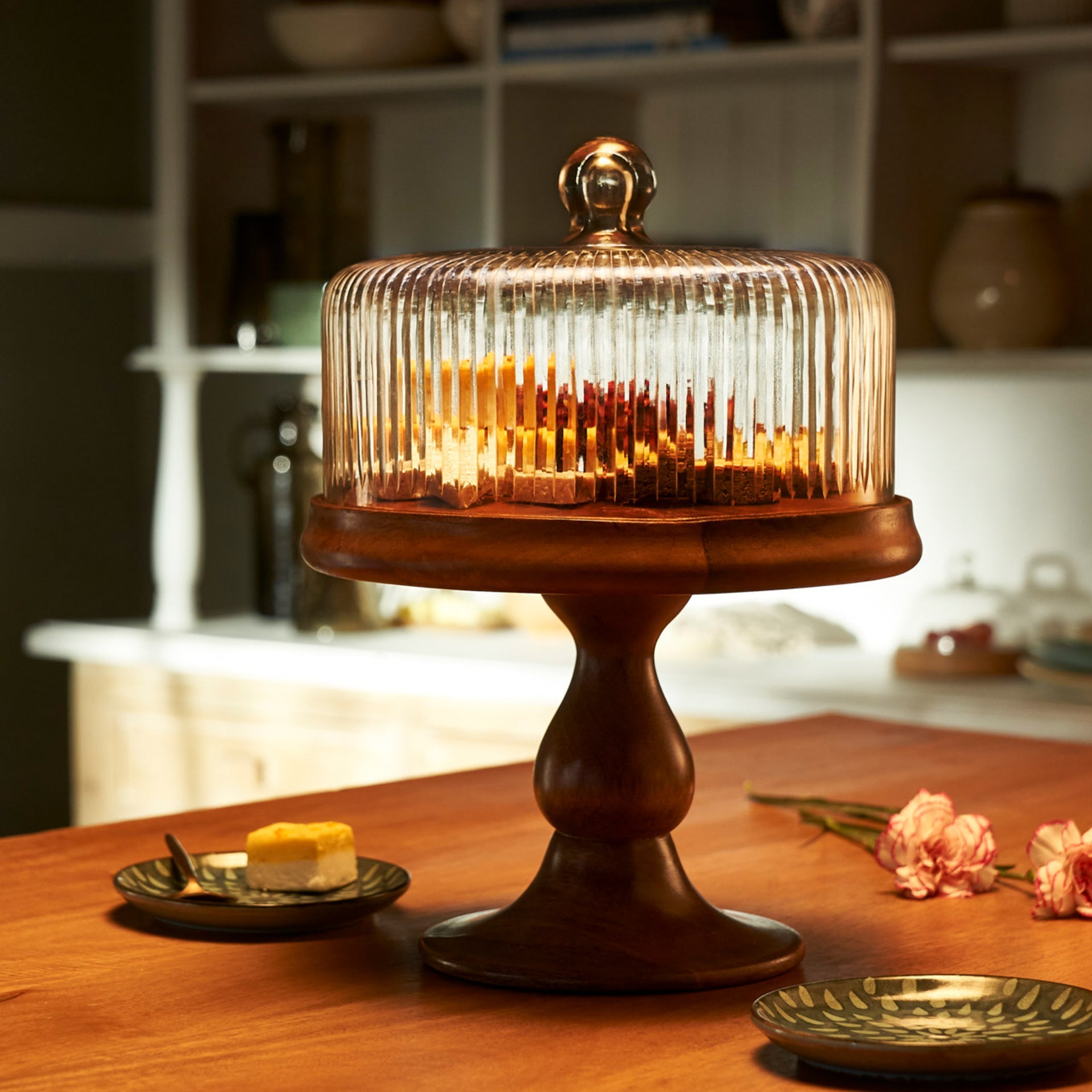 Fluted Glass Cloche With Wooden Stand