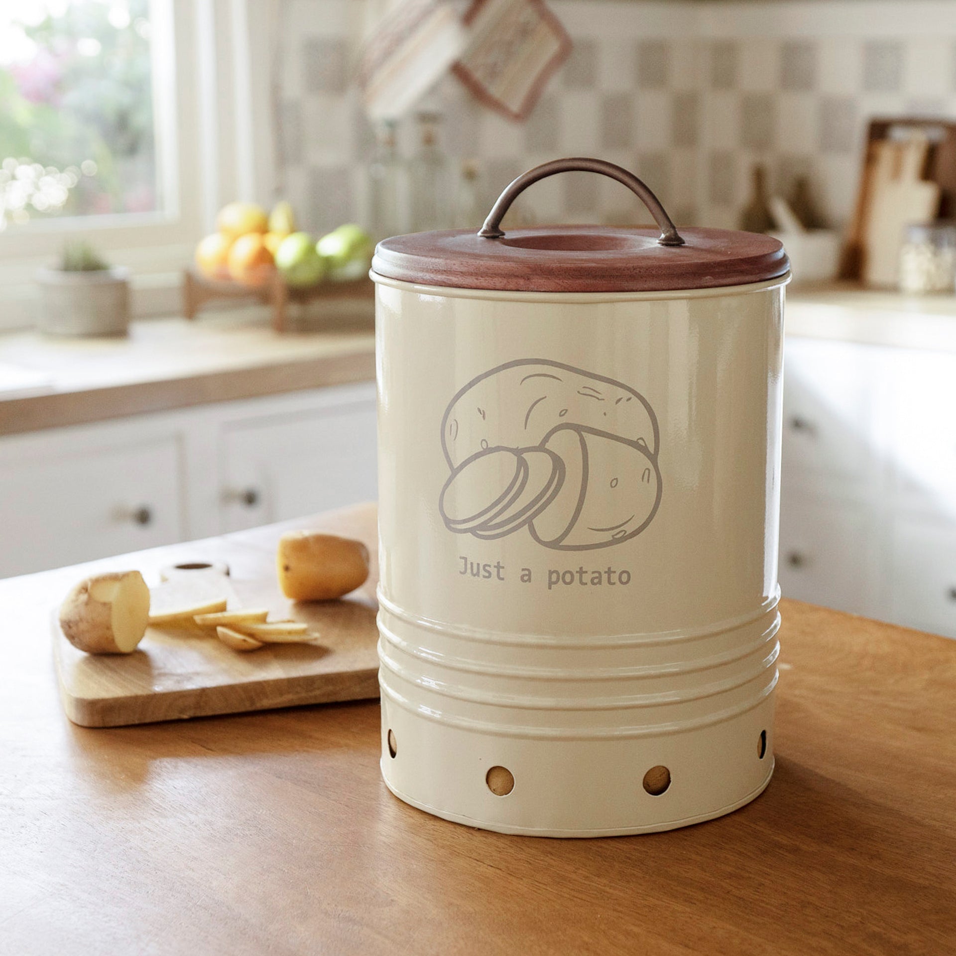 Egg Shell Metal Potato Storage Bin With Wooden Lid