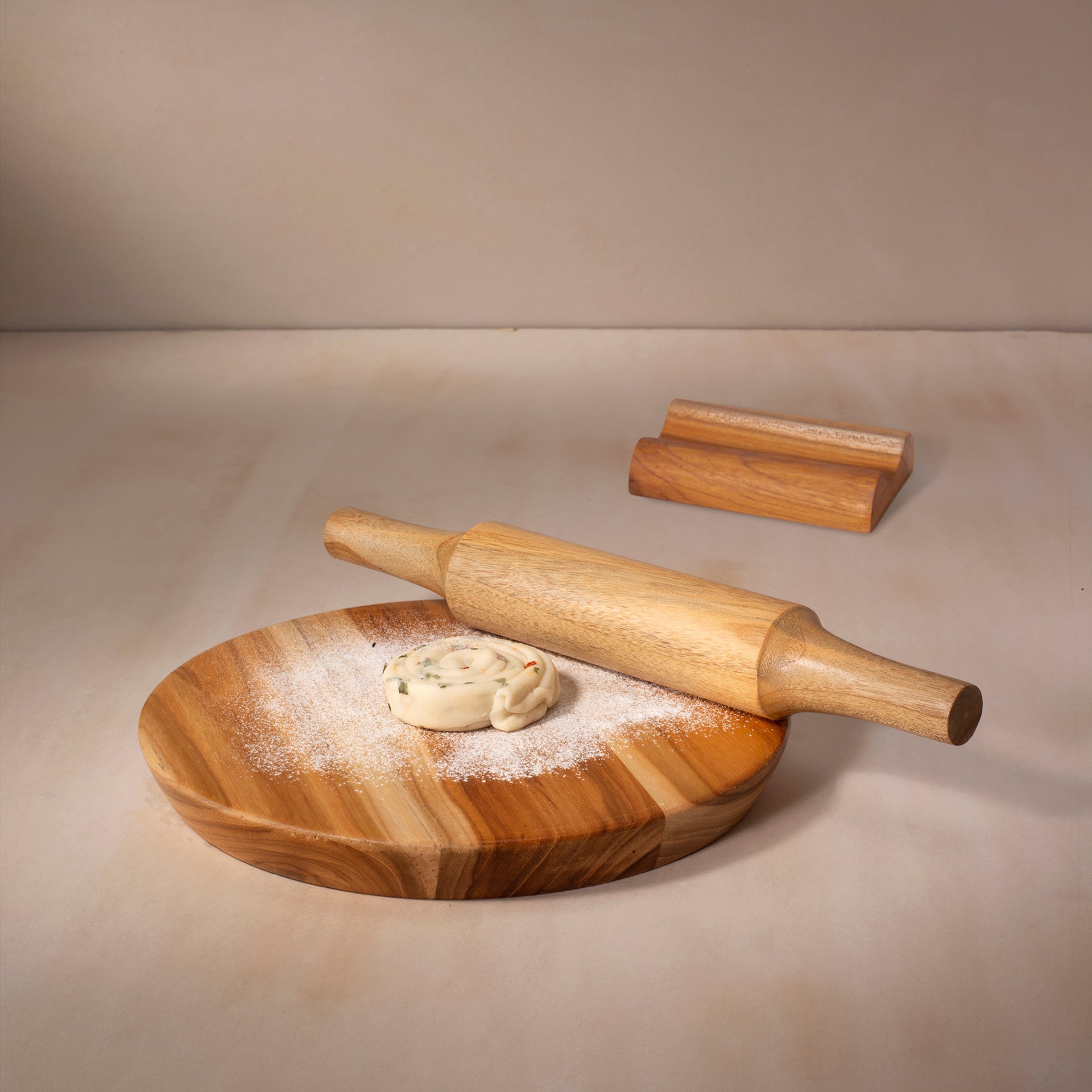 Teak Wood Chakla Belan with Stand - Small