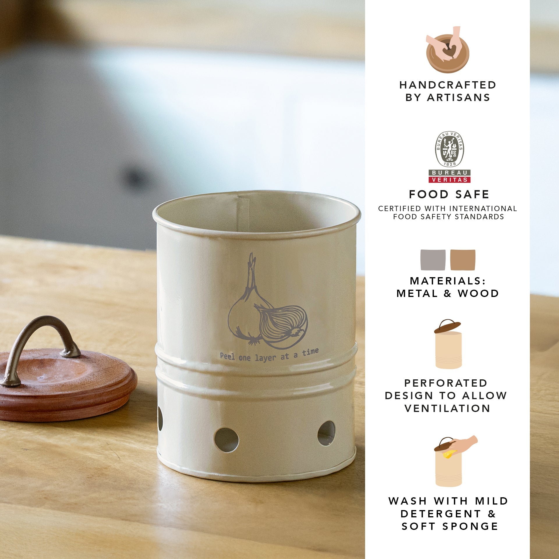 Egg Shell Metal Onion Storage Bin With Wooden Lid