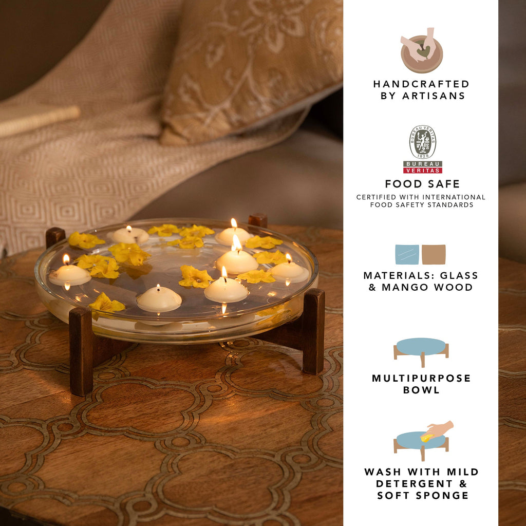 Bol en verre transparent avec support en bois