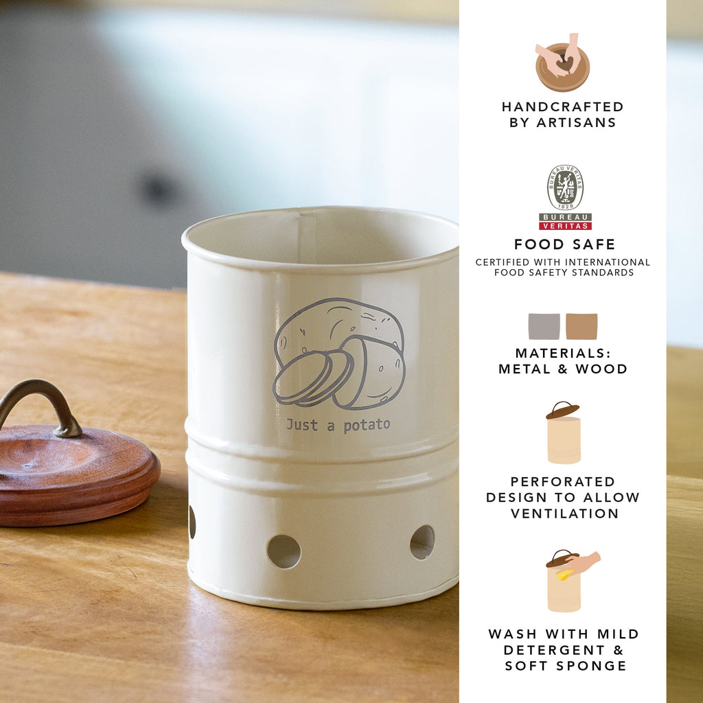 Poubelle de rangement pour pommes de terre en métal coquille d'œuf avec couvercle en bois