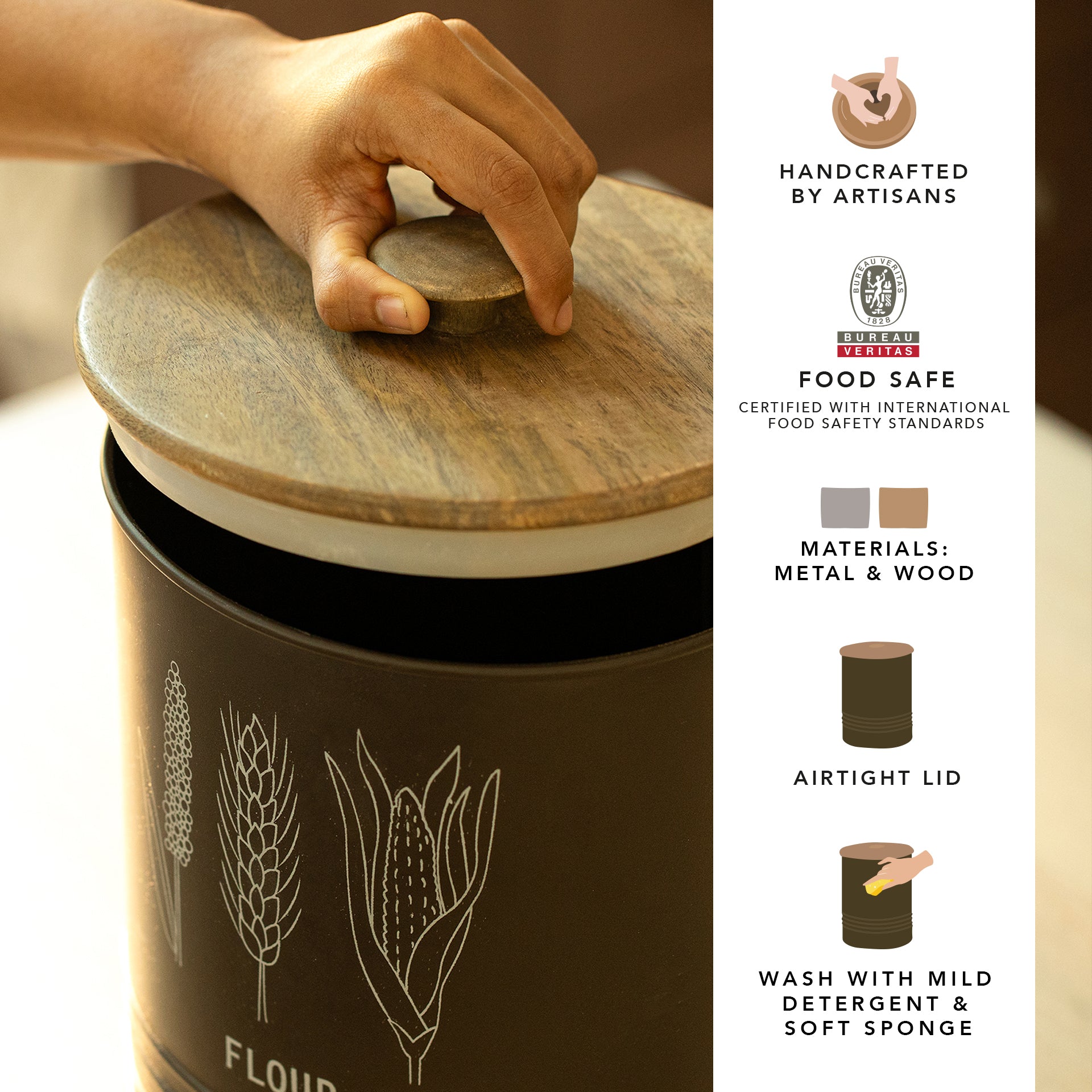 Charcoal Brown Grain Storage Barrel with Wooden Lid