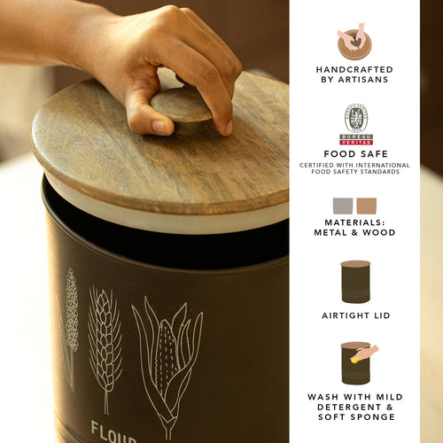 Baril de stockage de grain marron anthracite avec couvercle en bois