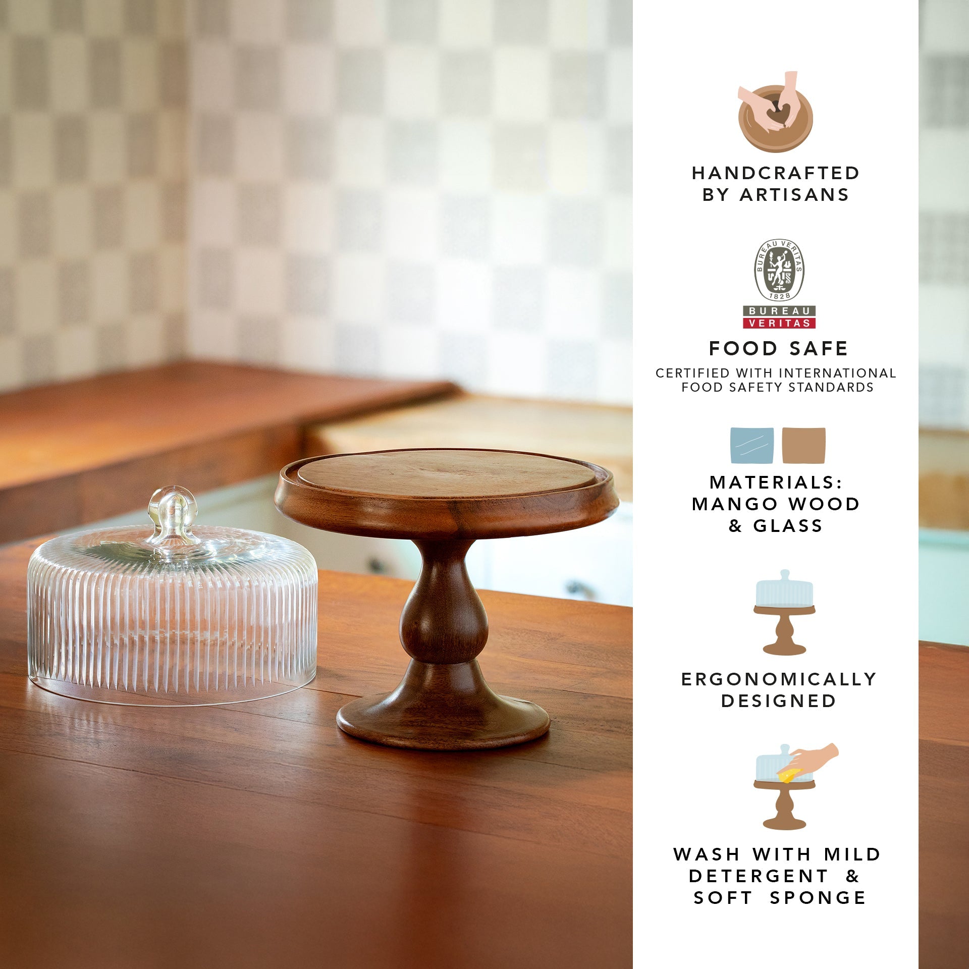 Fluted Glass Cloche With Wooden Stand