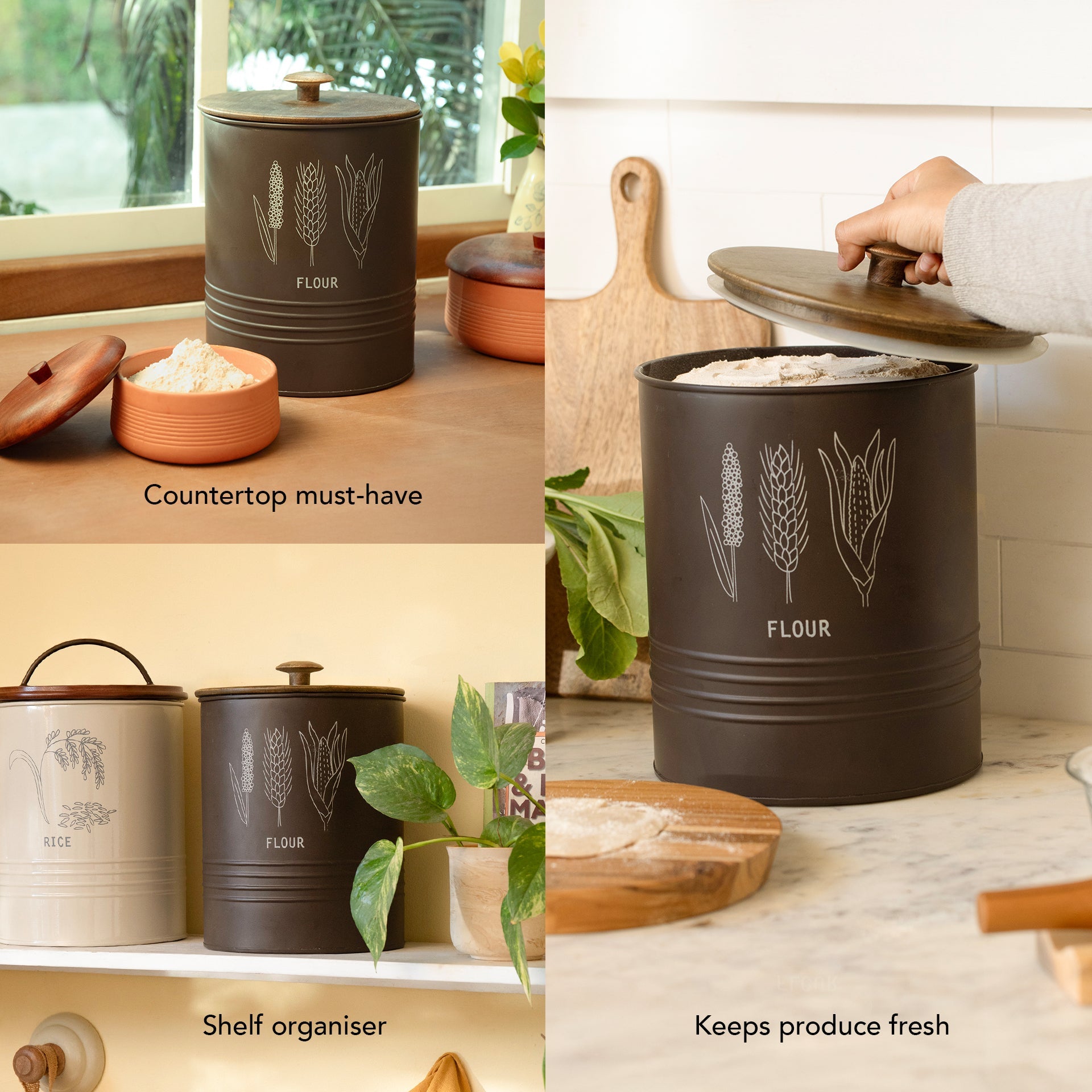 Charcoal Brown Grain Storage Barrel with Wooden Lid