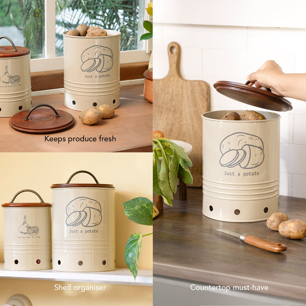 Poubelle de rangement pour pommes de terre en métal coquille d'œuf avec couvercle en bois