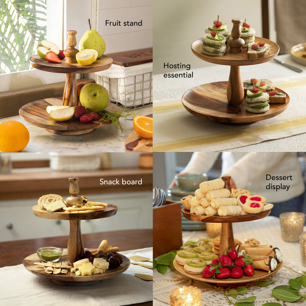 Présentoir à gâteaux à 2 étages en bois de Sesham