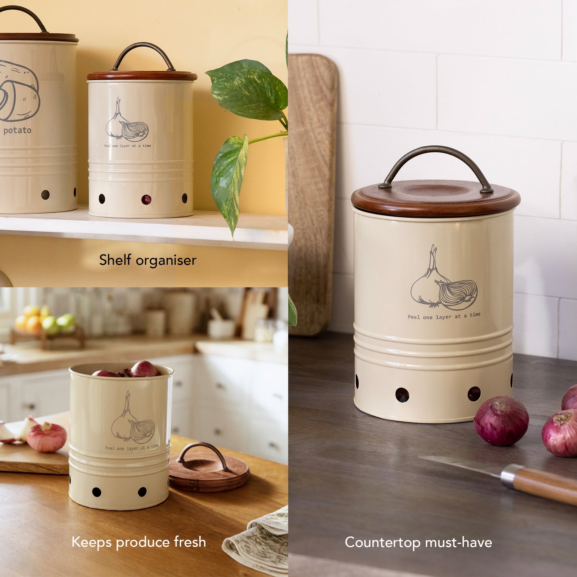 Egg Shell Metal Onion Storage Bin With Wooden Lid