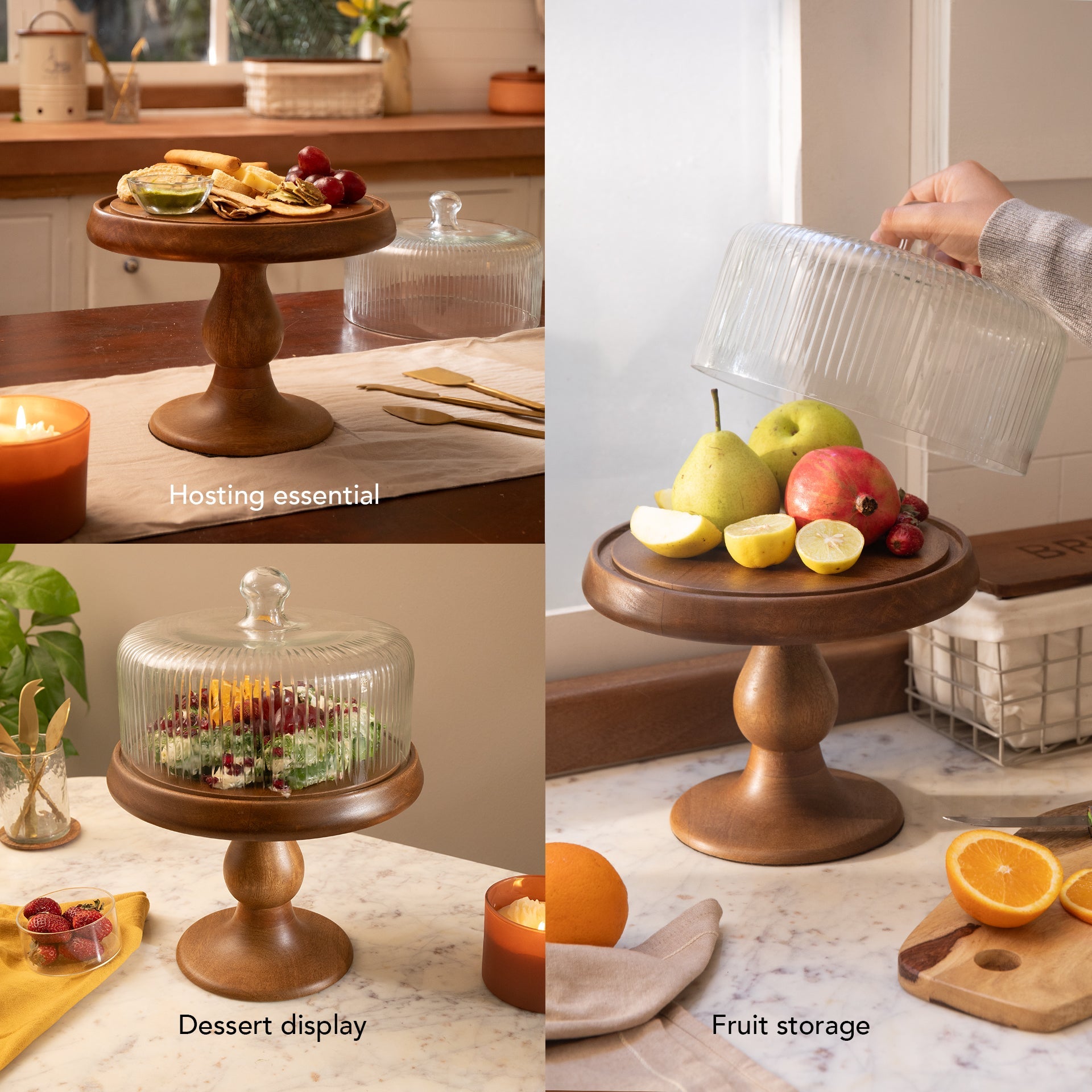 Fluted Glass Cloche With Wooden Stand