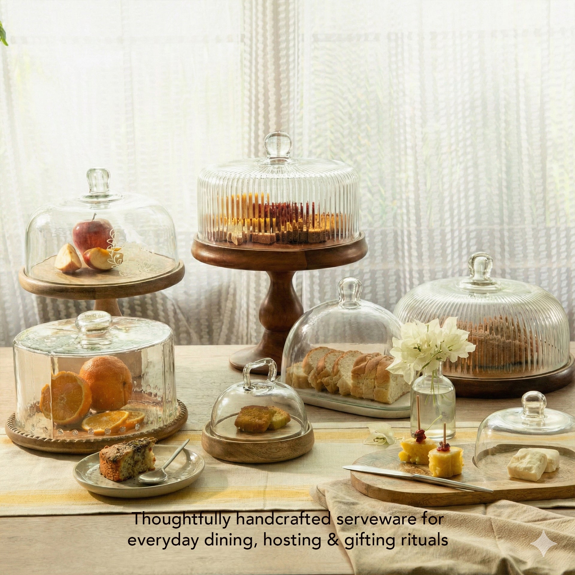 Fluted Glass Cloche With Wooden Stand