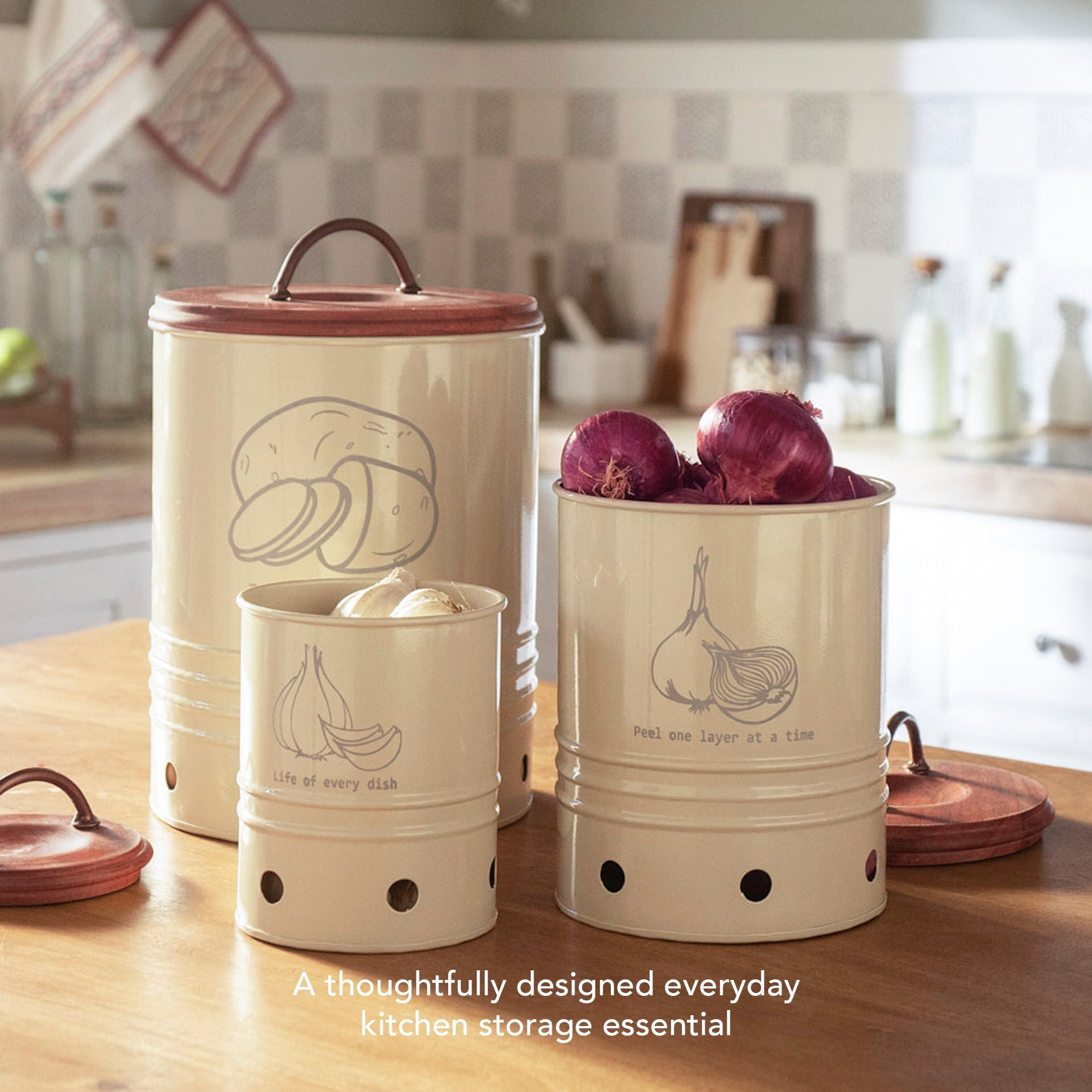 Egg Shell Metal Potato Storage Bin With Wooden Lid