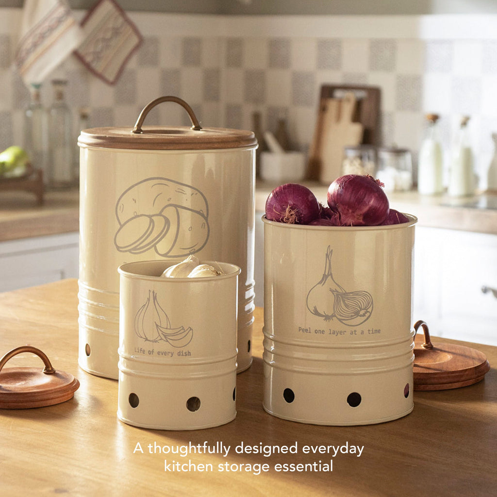 Boîte de rangement pour oignons en métal coquille d'œuf avec couvercle en bois