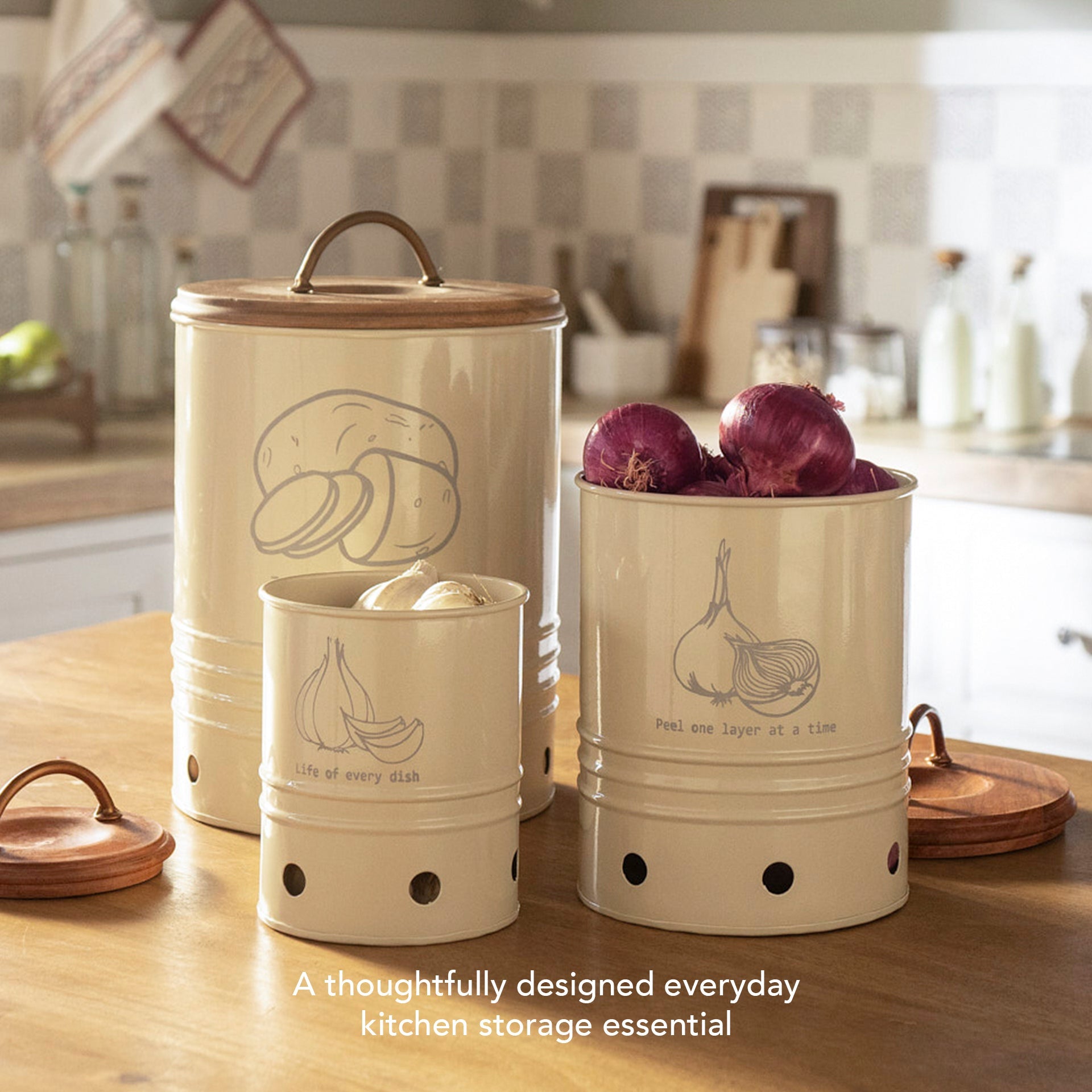 Egg Shell Metal Onion Storage Bin With Wooden Lid