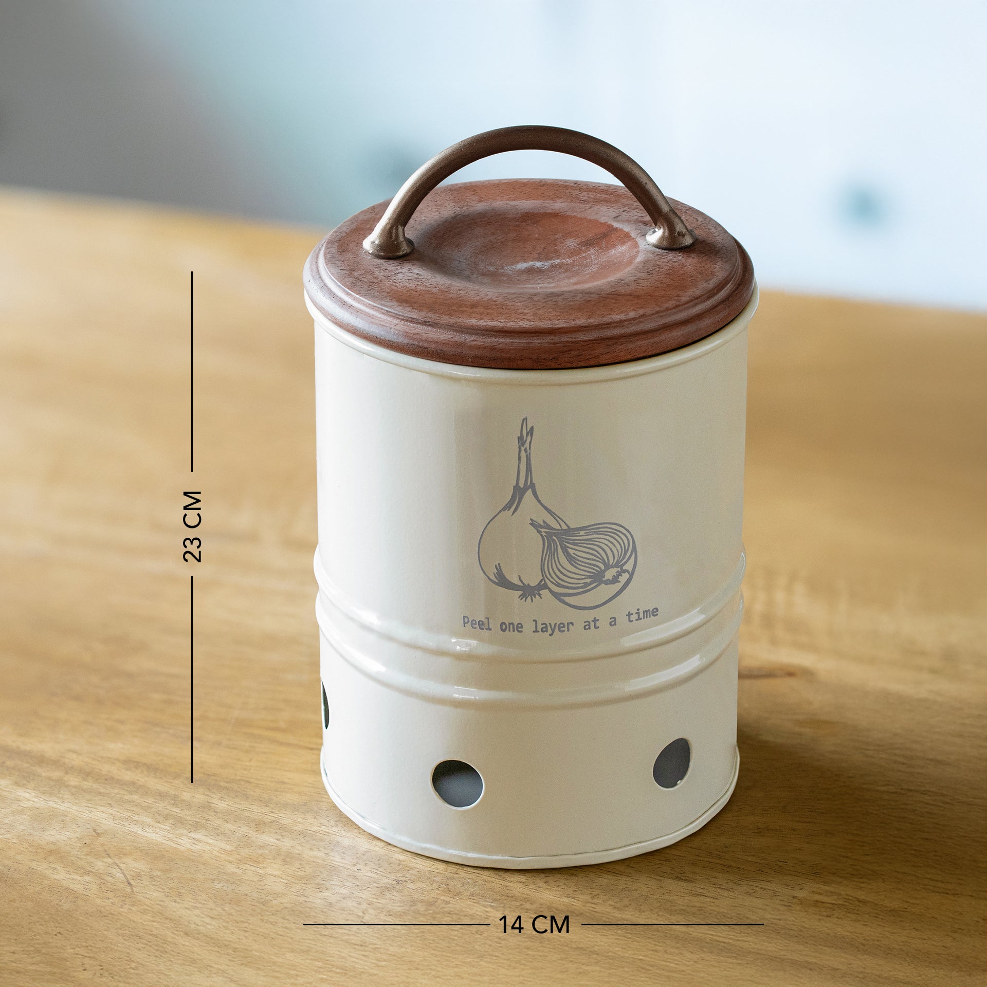 Egg Shell Metal Onion Storage Bin With Wooden Lid