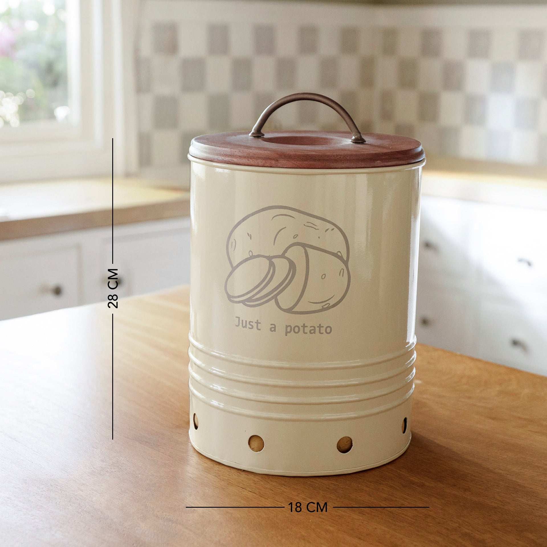 Egg Shell Metal Potato Storage Bin With Wooden Lid