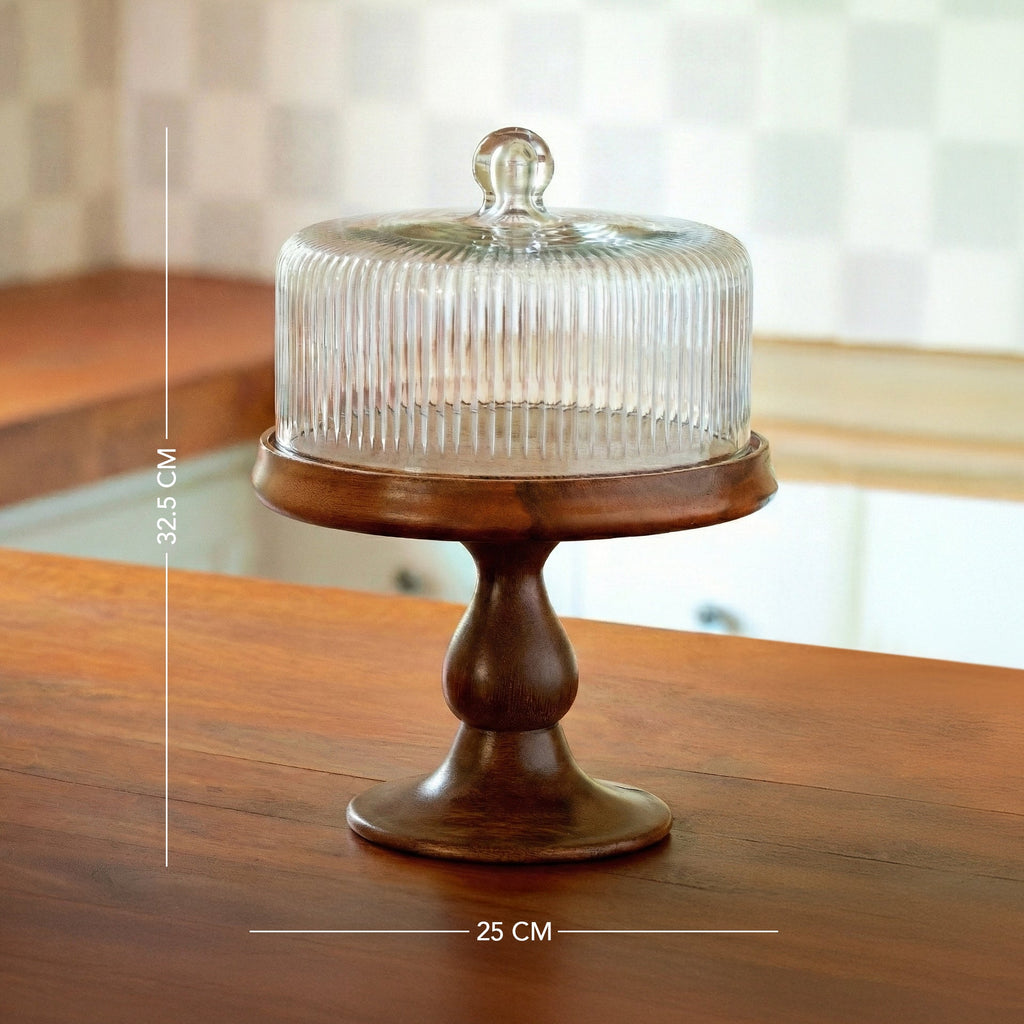 Cloche en verre cannelé avec support en bois