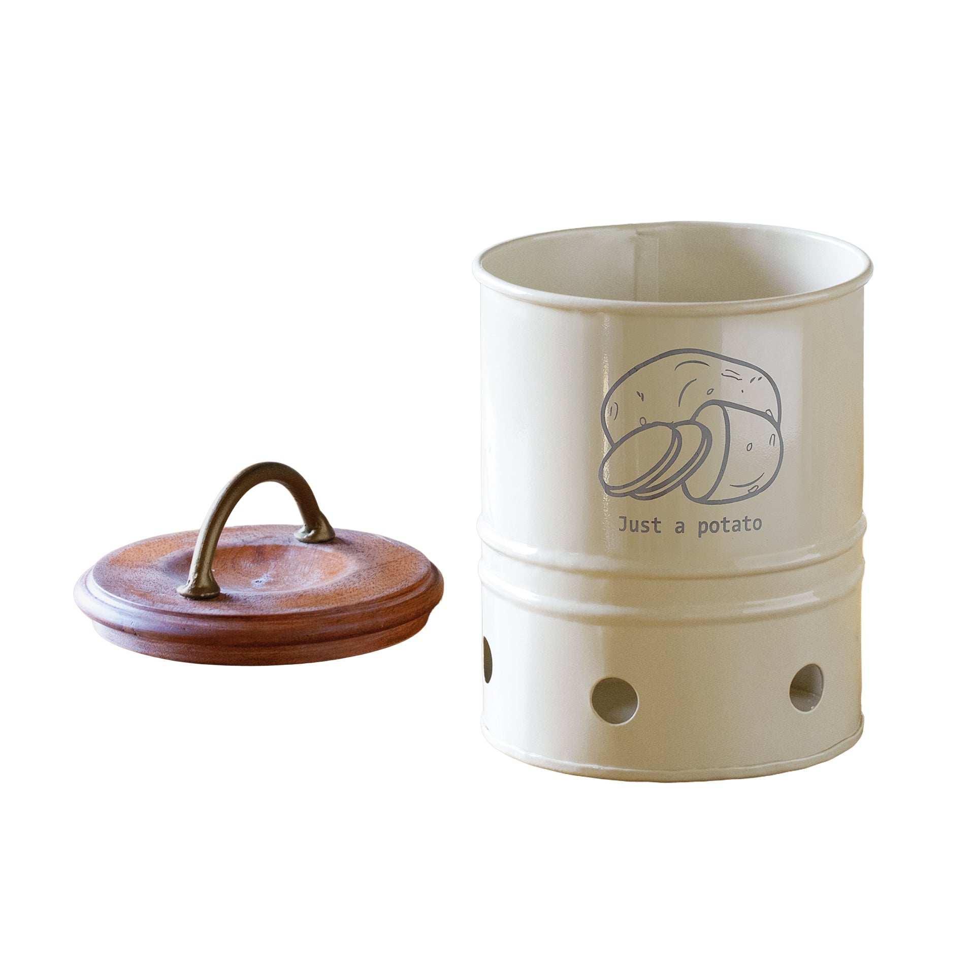 Poubelle de rangement pour pommes de terre en métal coquille d'œuf avec couvercle en bois