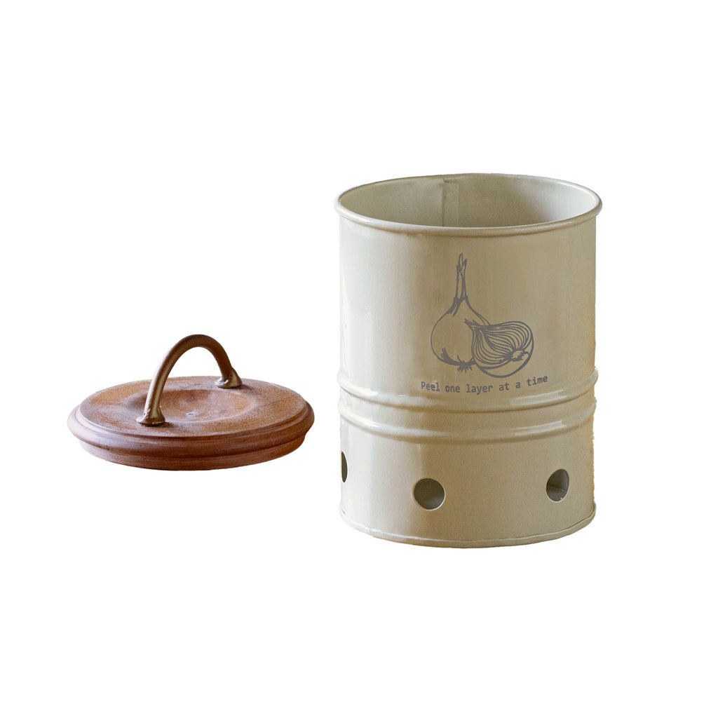 Boîte de rangement pour oignons en métal coquille d'œuf avec couvercle en bois