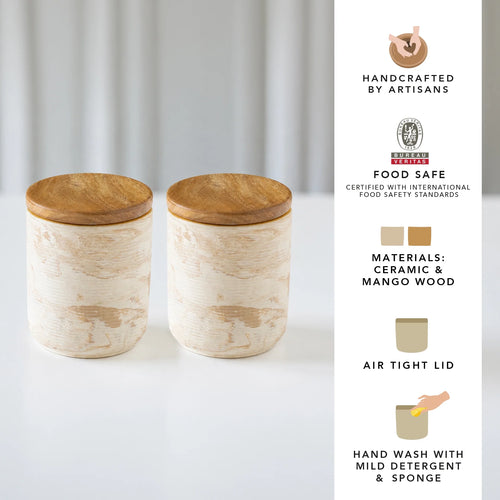 Lot de 2 pots en céramique avec couvercle en bois (petit)
