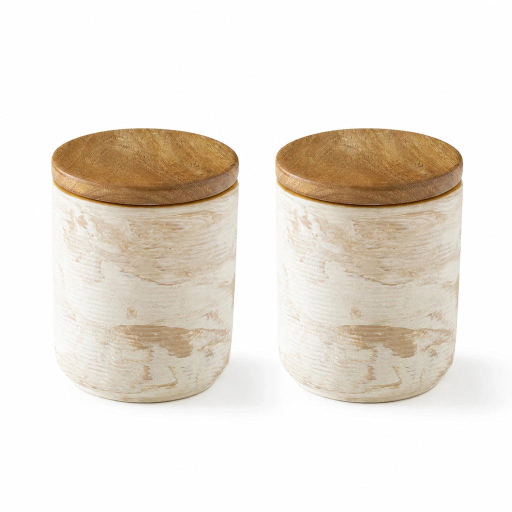 Lot de 2 pots en céramique avec couvercle en bois (petit)