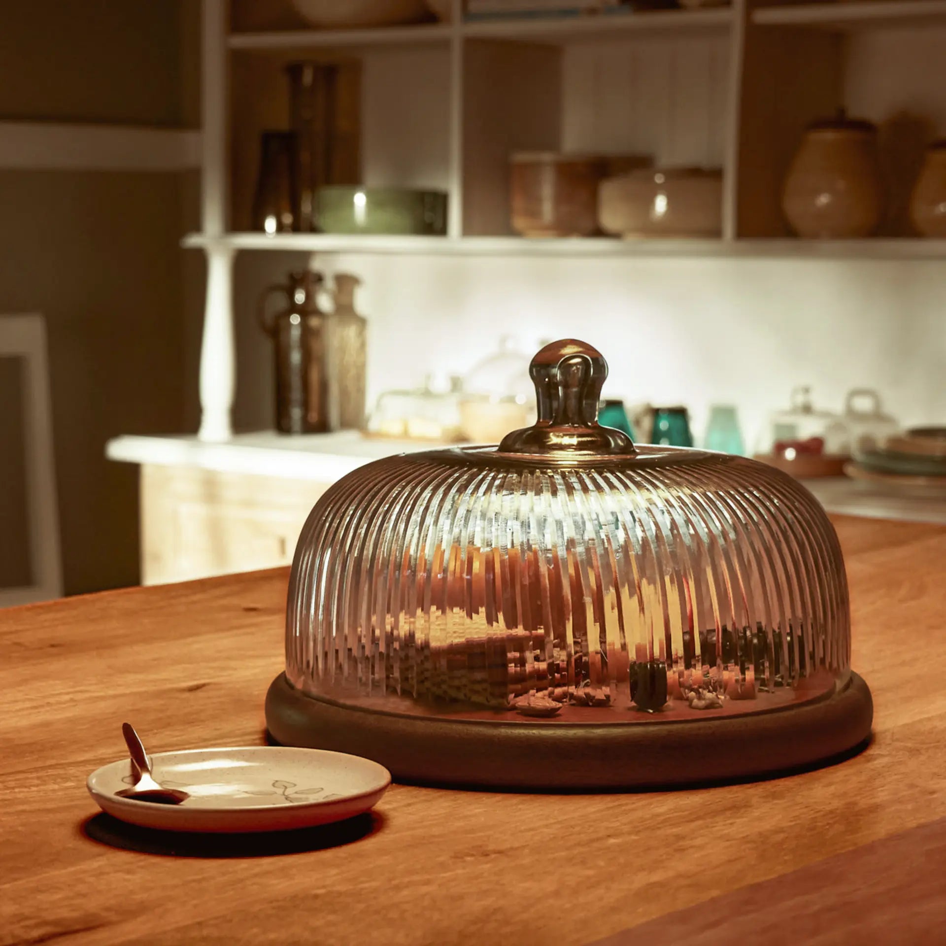 Fluted Glass Cloche With Wooden Base