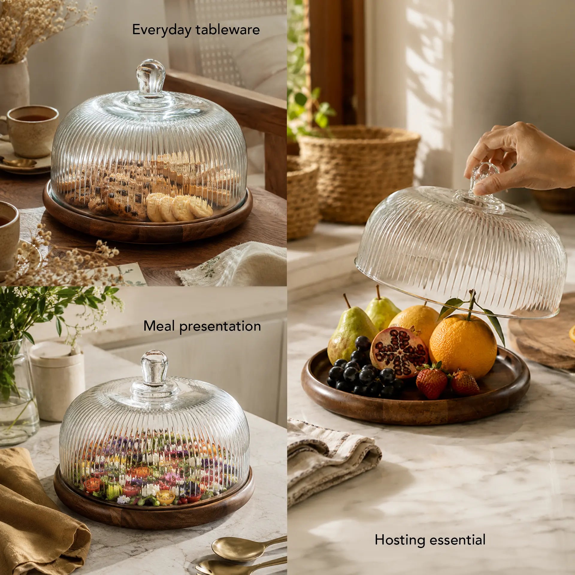 Fluted Glass Cloche With Wooden Base