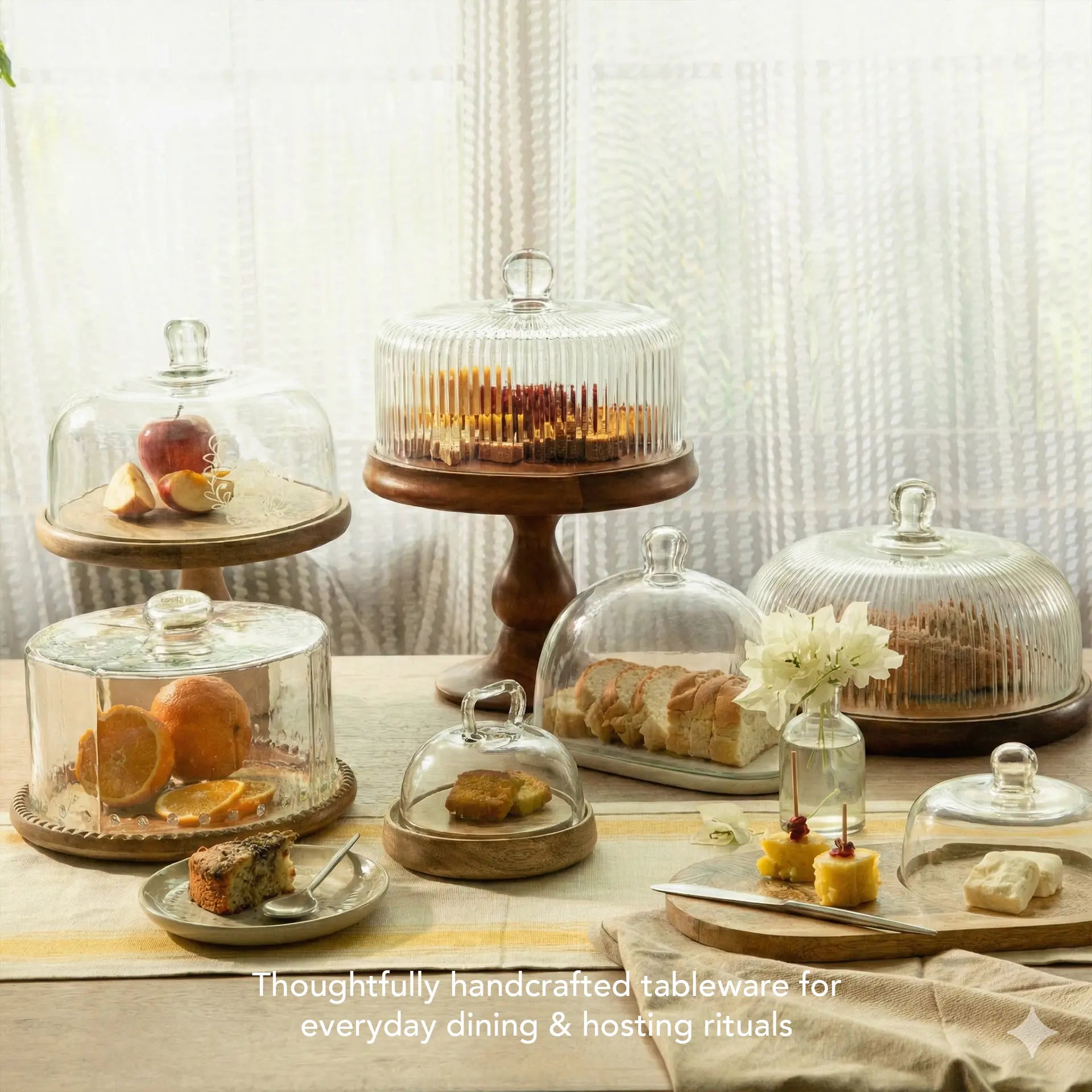 Fluted Glass Cloche With Wooden Base