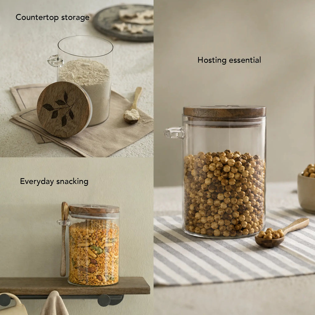 Bocal de conservation en verre avec couvercle en bois et cuillère