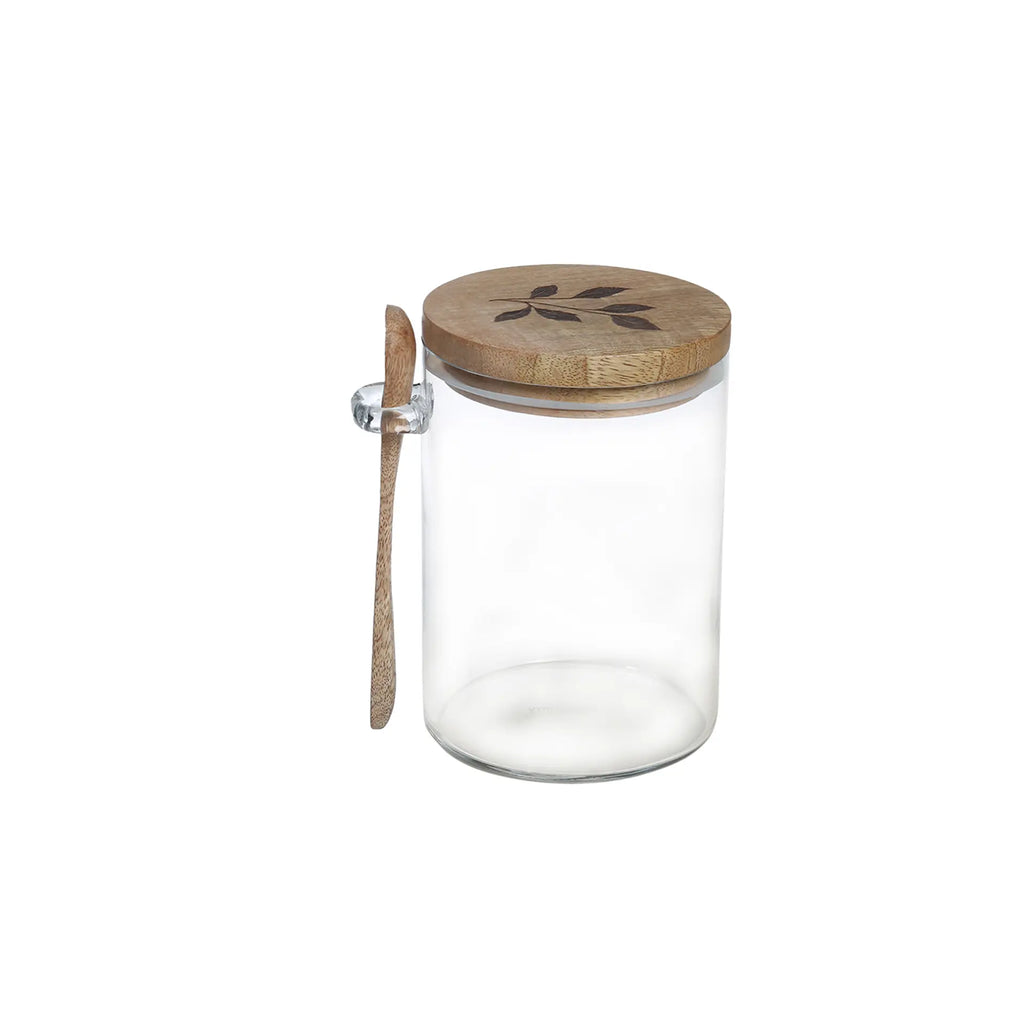 Bocal de conservation en verre avec couvercle en bois et cuillère