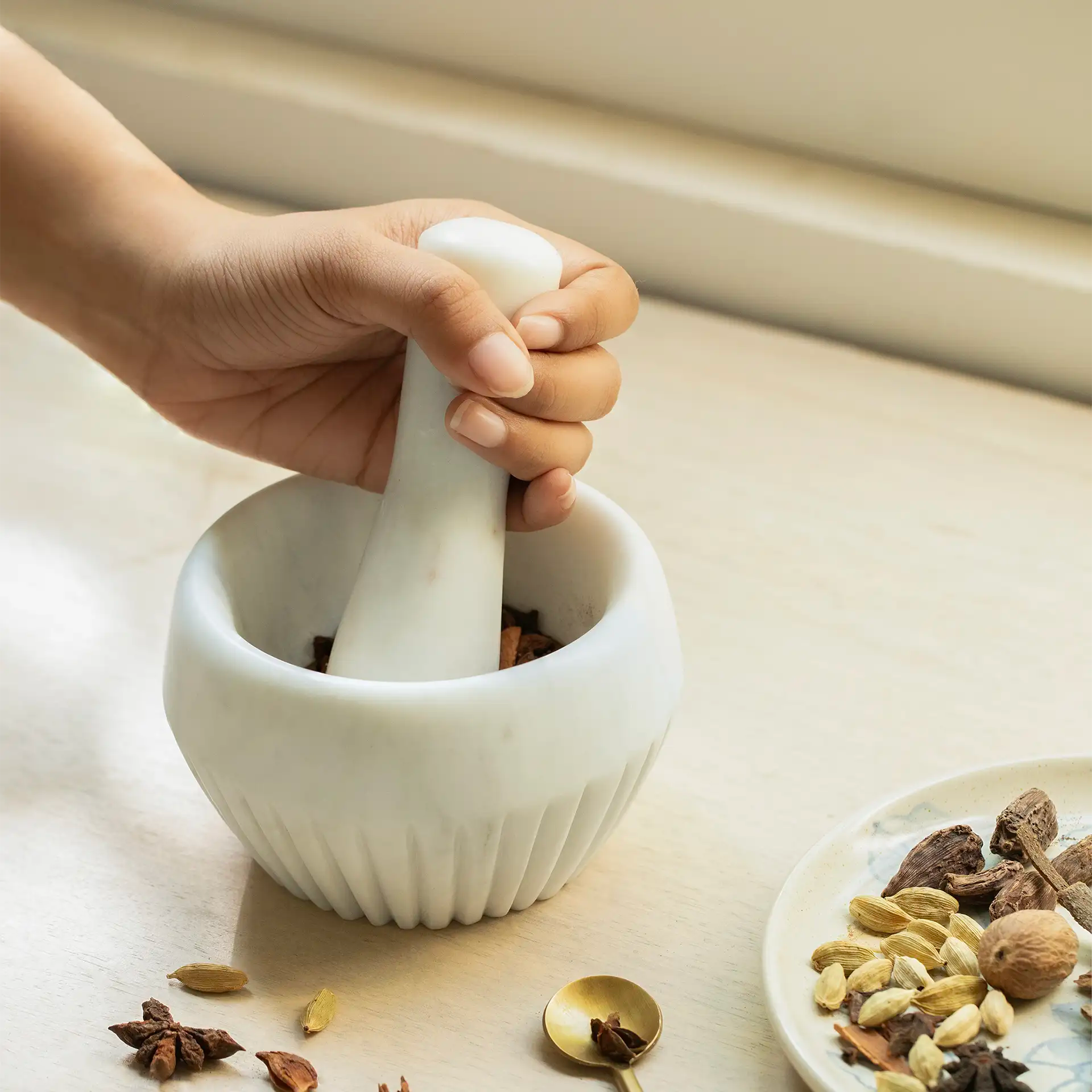 Ribbed Marble Mortar & Pestle