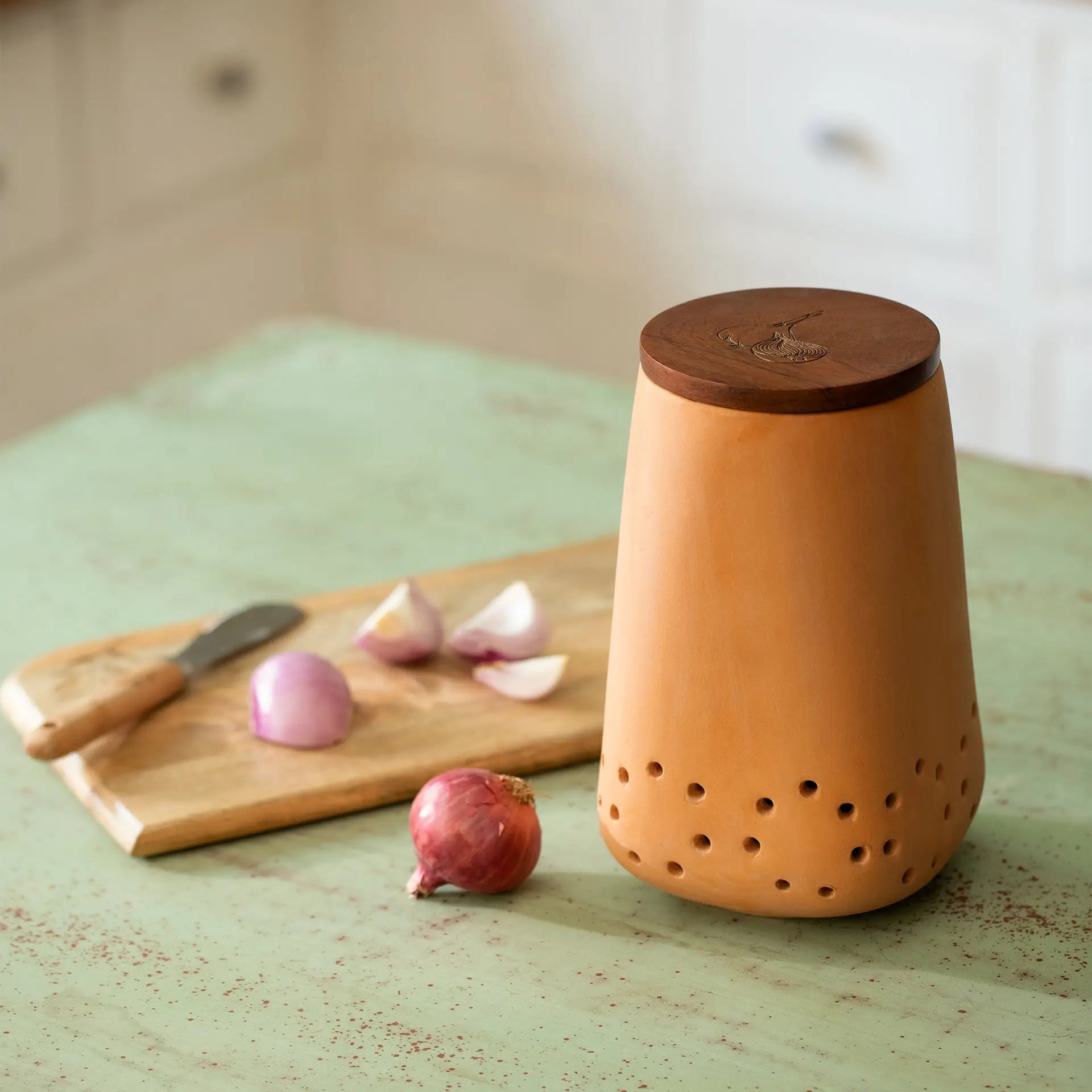 Terracotta Onion Storage Jar with Wooden Lid