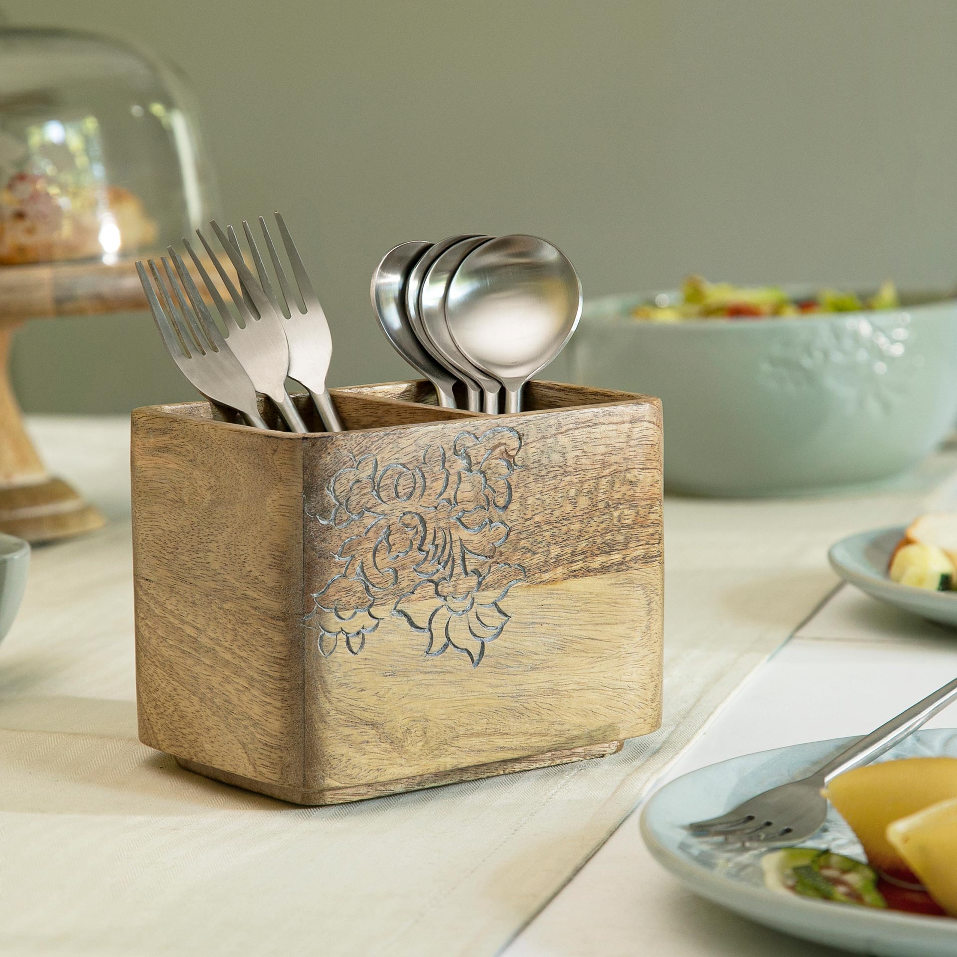 Carved Mango Wood Cutlery Holder