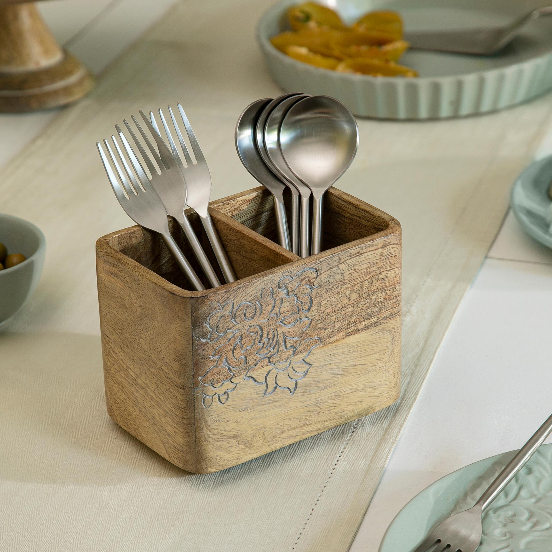 Carved Mango Wood Cutlery Holder