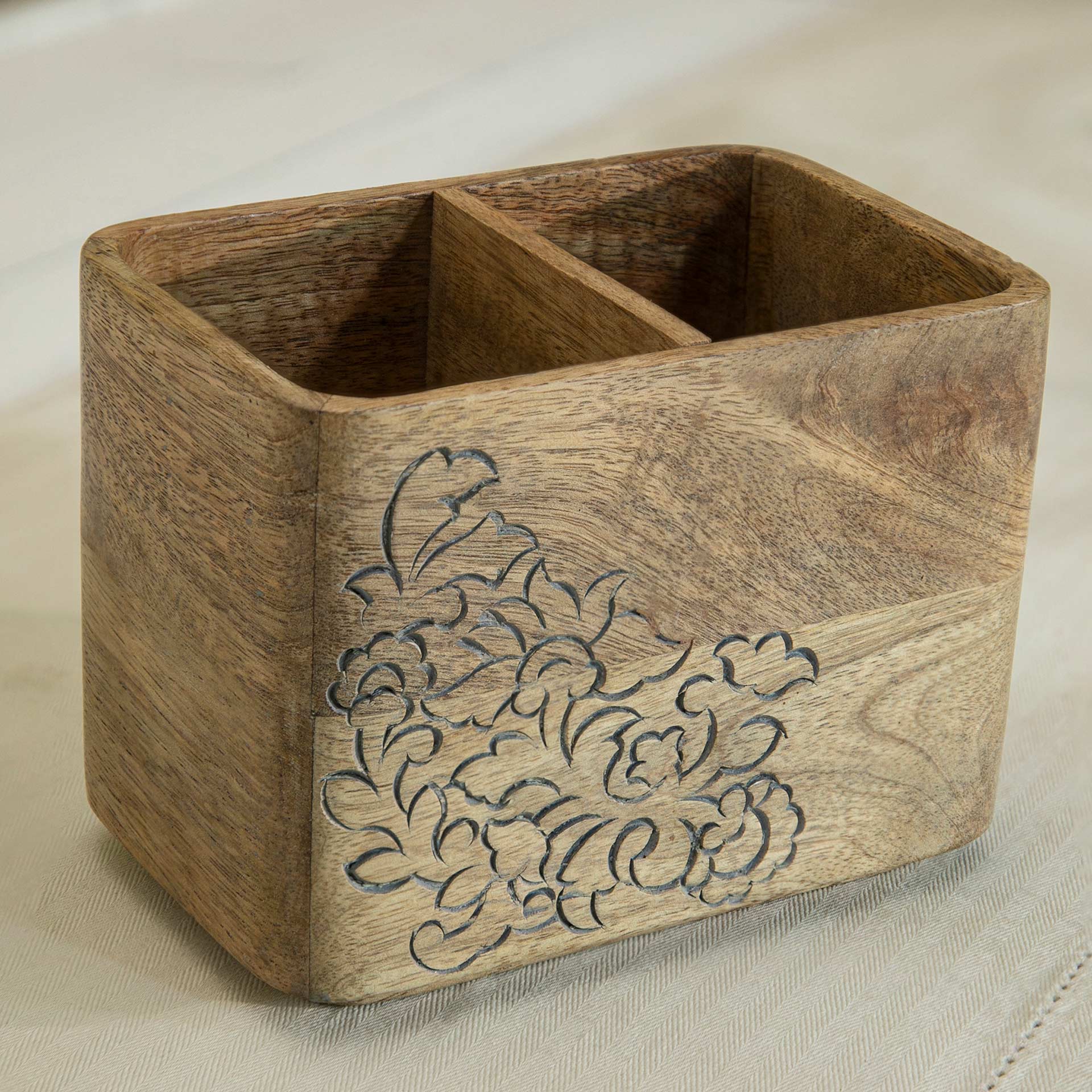 Carved Mango Wood Cutlery Holder