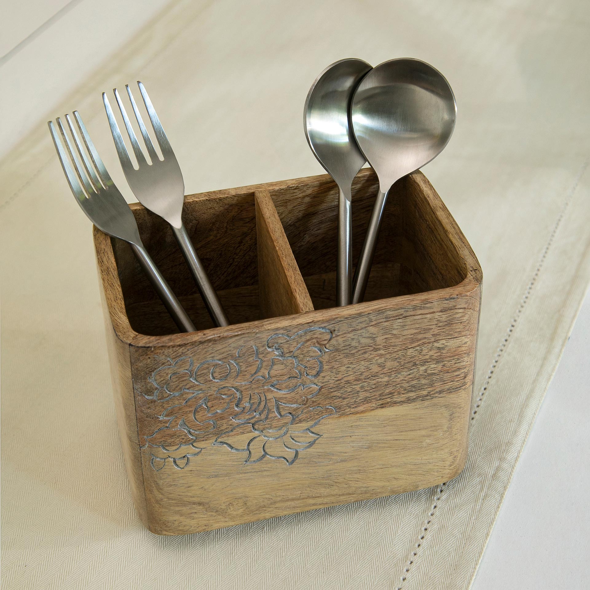 Carved Mango Wood Cutlery Holder