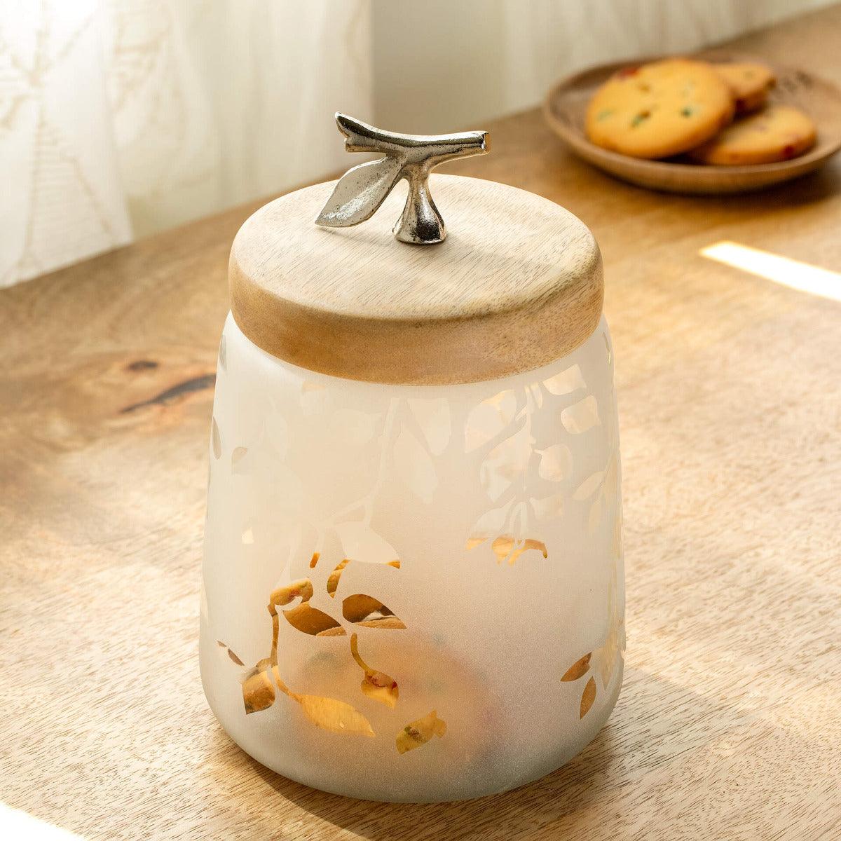 Frosted Glass Jar with Wooden Lid - Tall