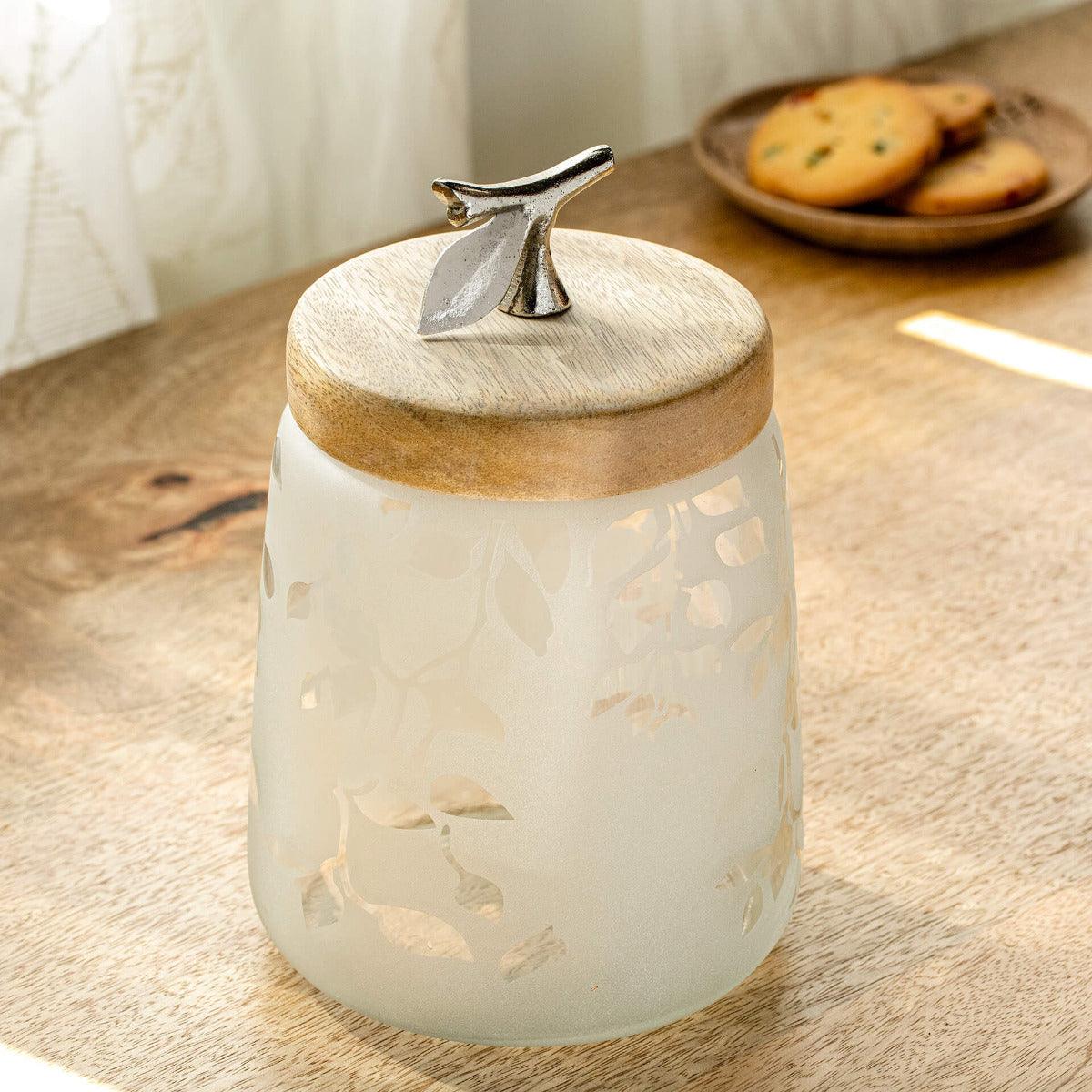 Frosted Glass Jar with Wooden Lid - Tall