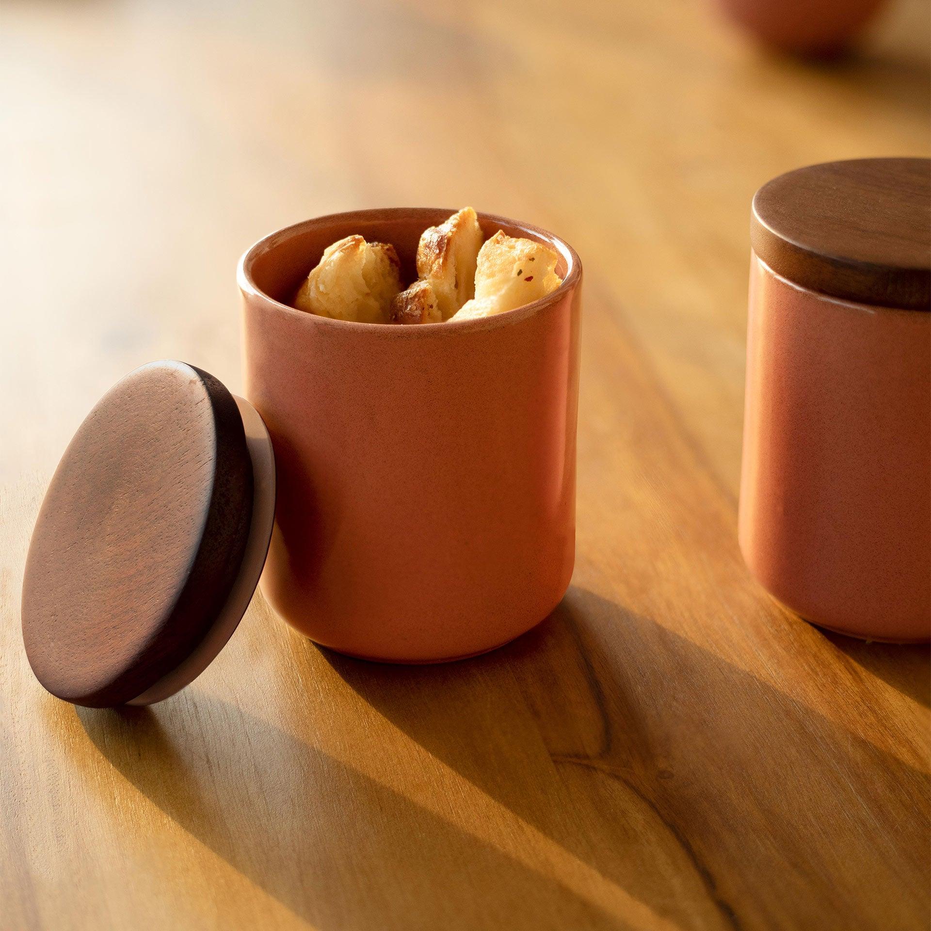 Coral Ceramic Jar with Wooden Lid