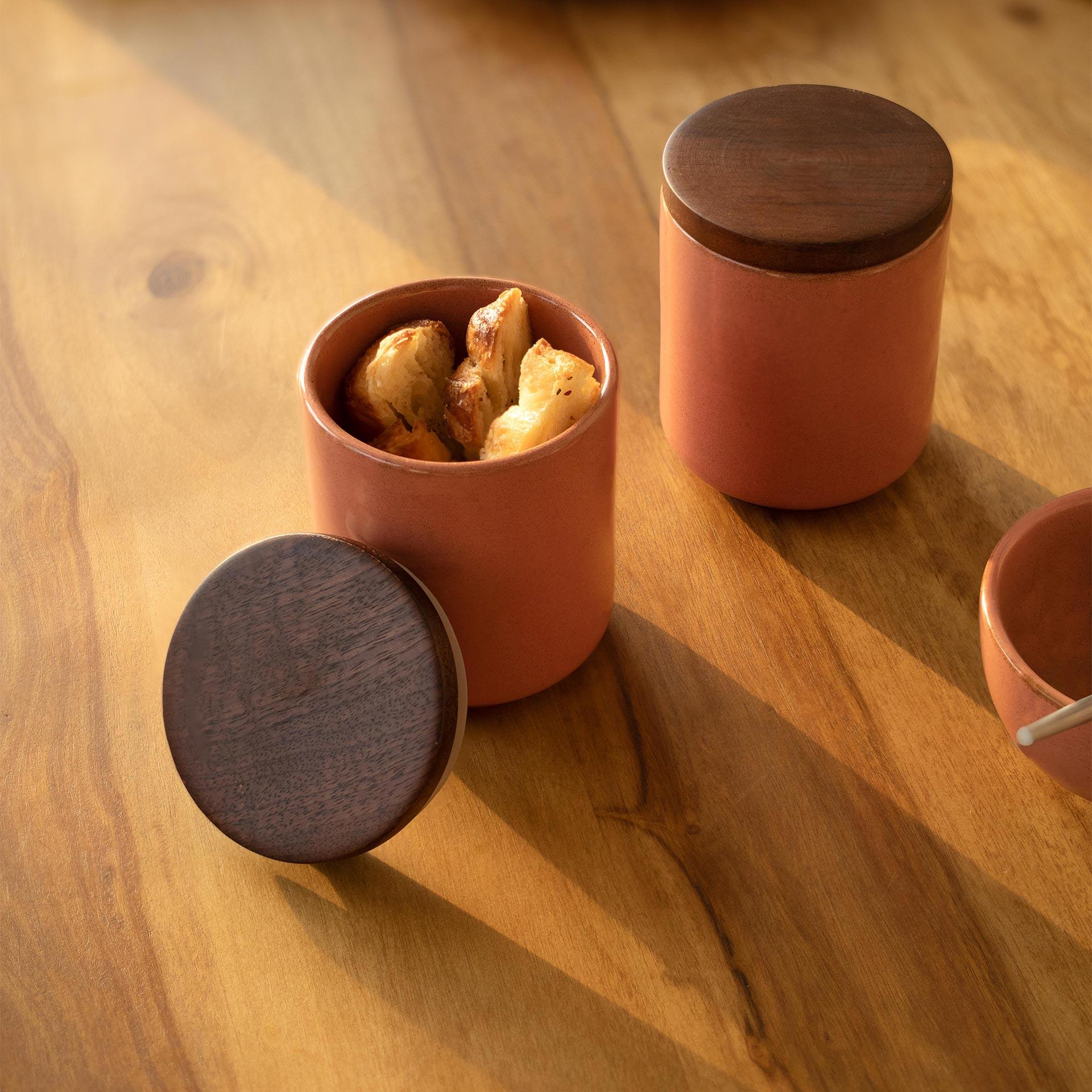Coral Ceramic Jar with Wooden Lid