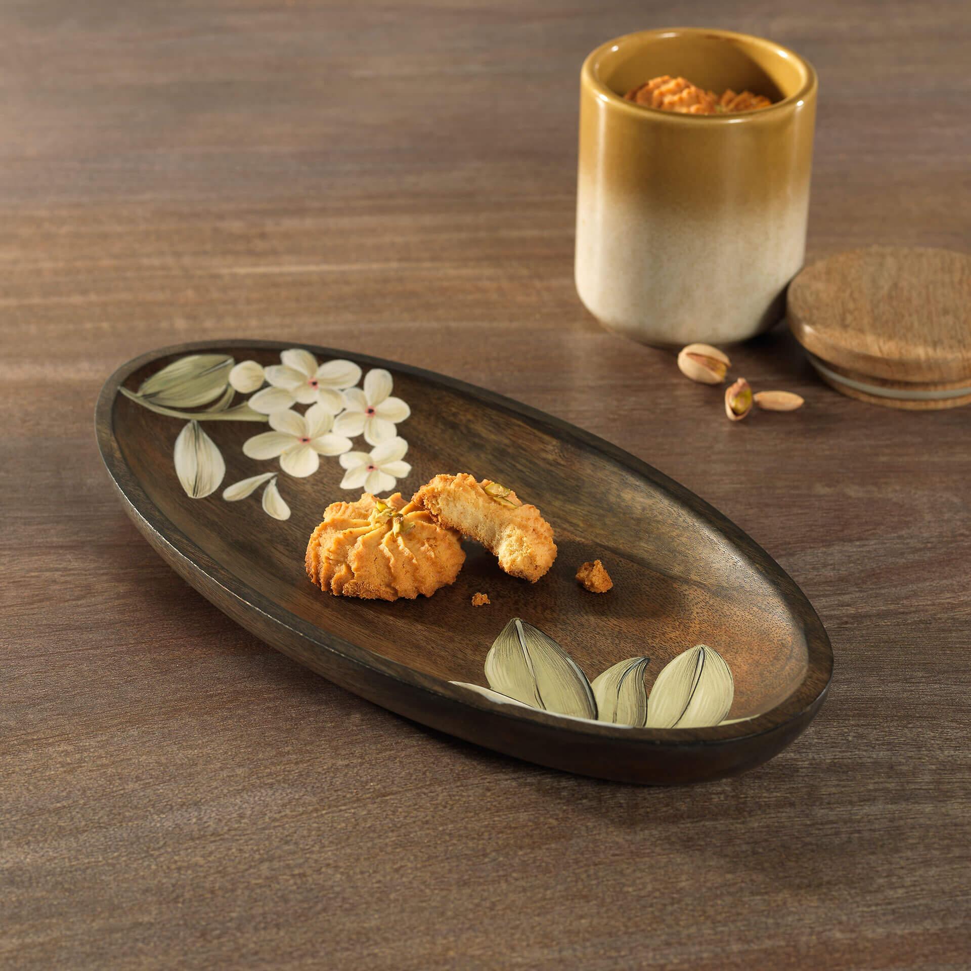 Hand-Painted Floral Oval Wooden Platter - Small