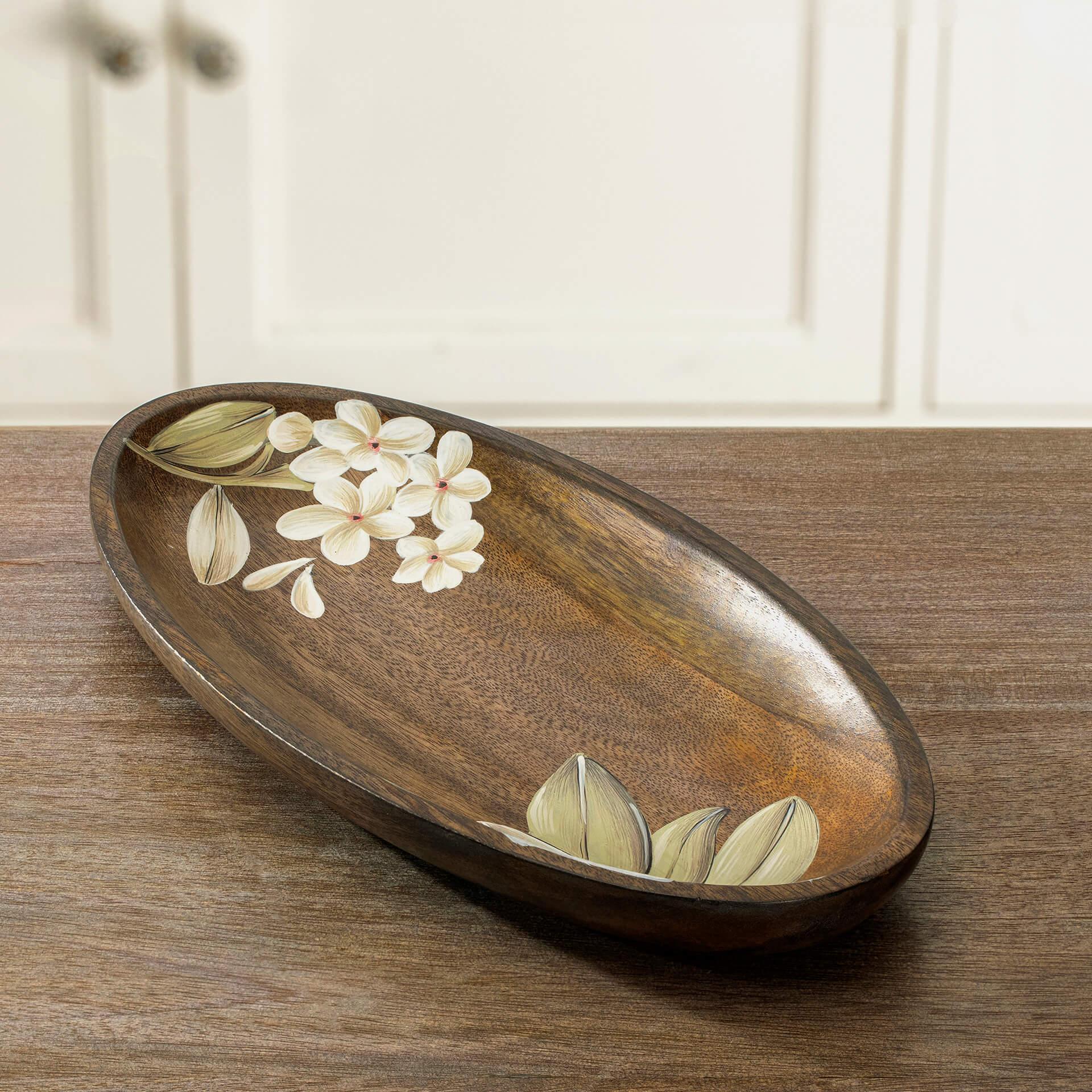 Hand-Painted Floral Oval Wooden Platter - Small