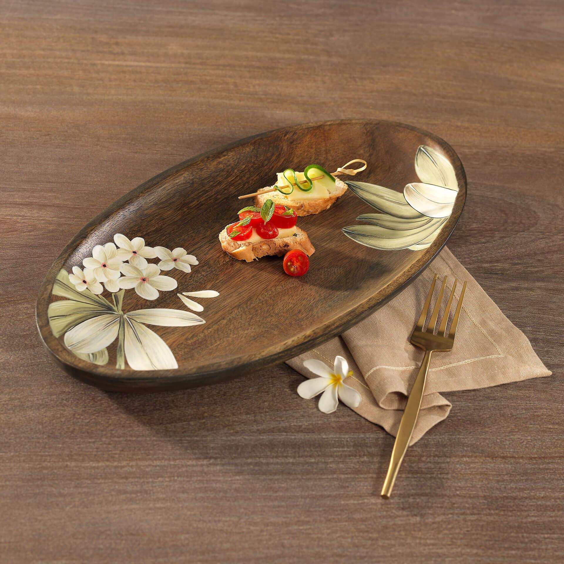 Hand-Painted Floral Oval Wooden Platter - Large