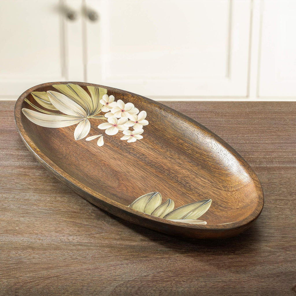 Grand plateau ovale en bois avec motif floral peint à la main