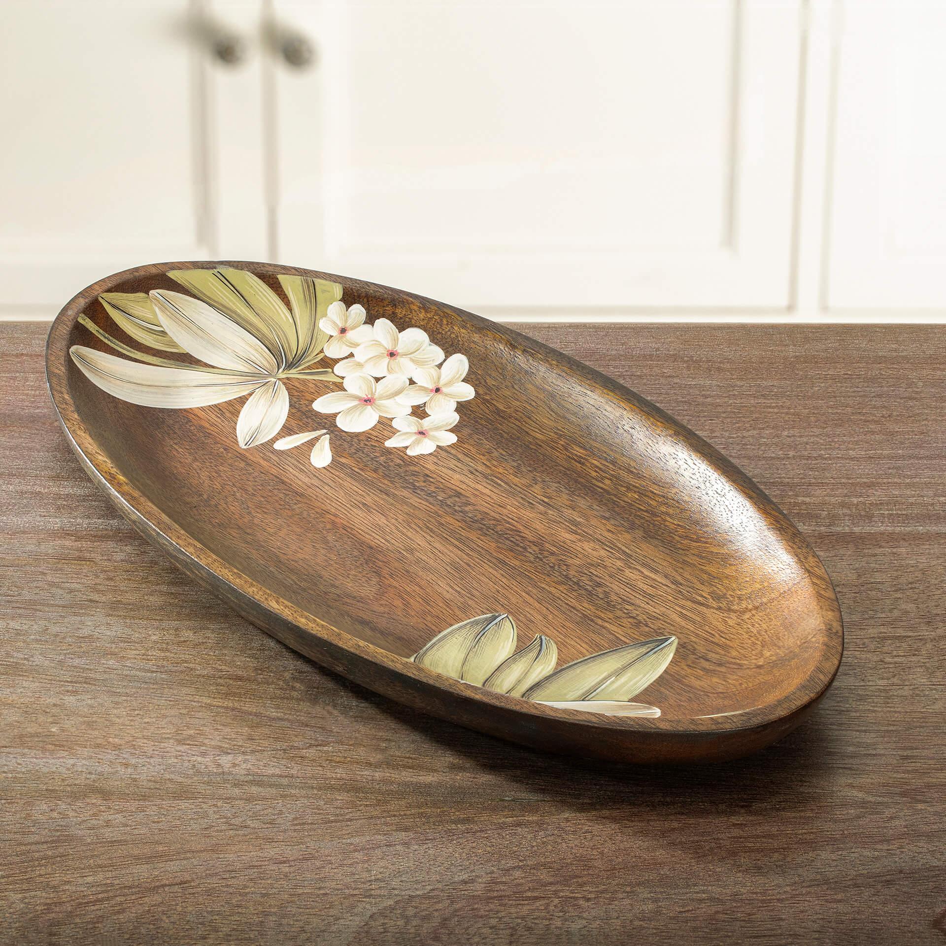 Hand-Painted Floral Oval Wooden Platter - Large