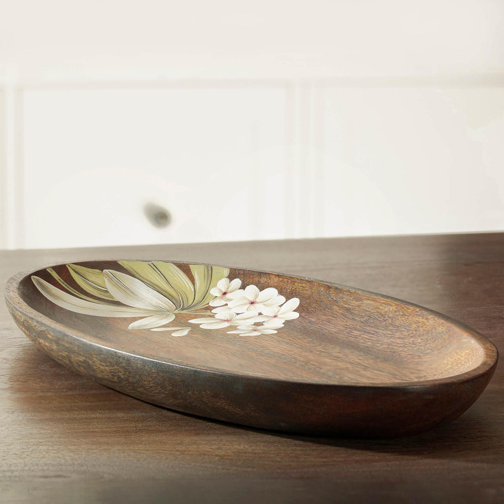 Grand plateau ovale en bois avec motif floral peint à la main