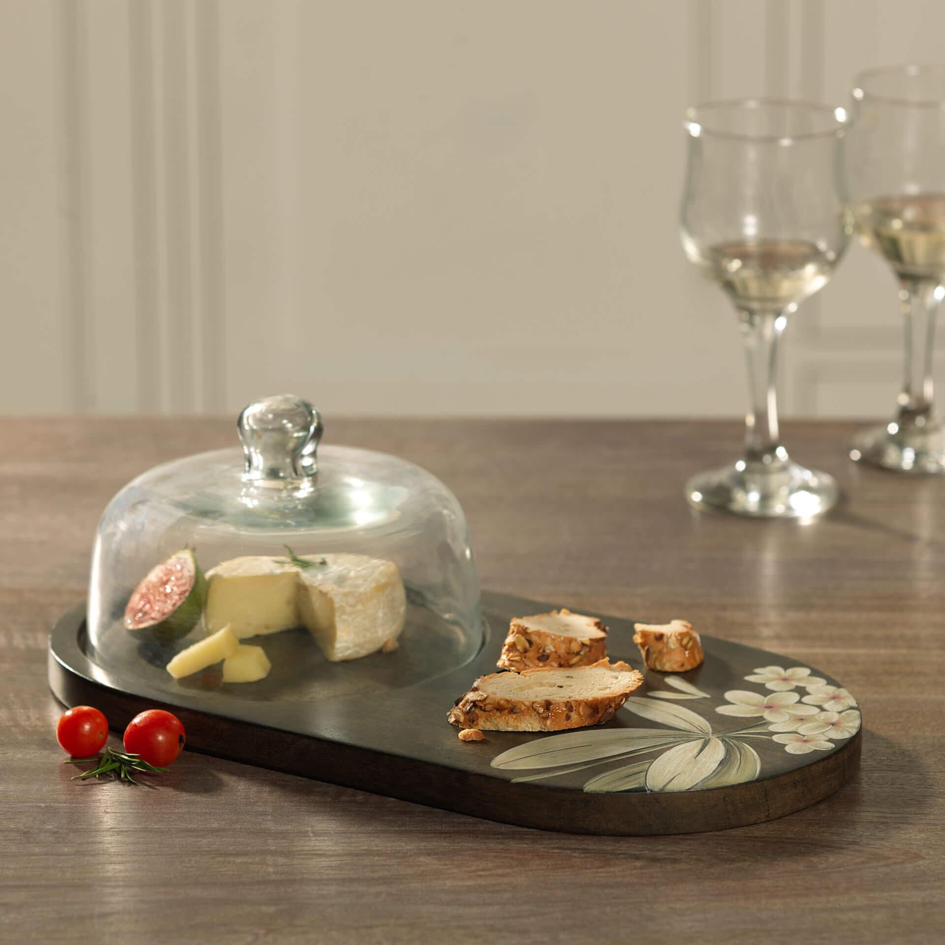 Fluted Glass Cloche with Mango Wood Platter