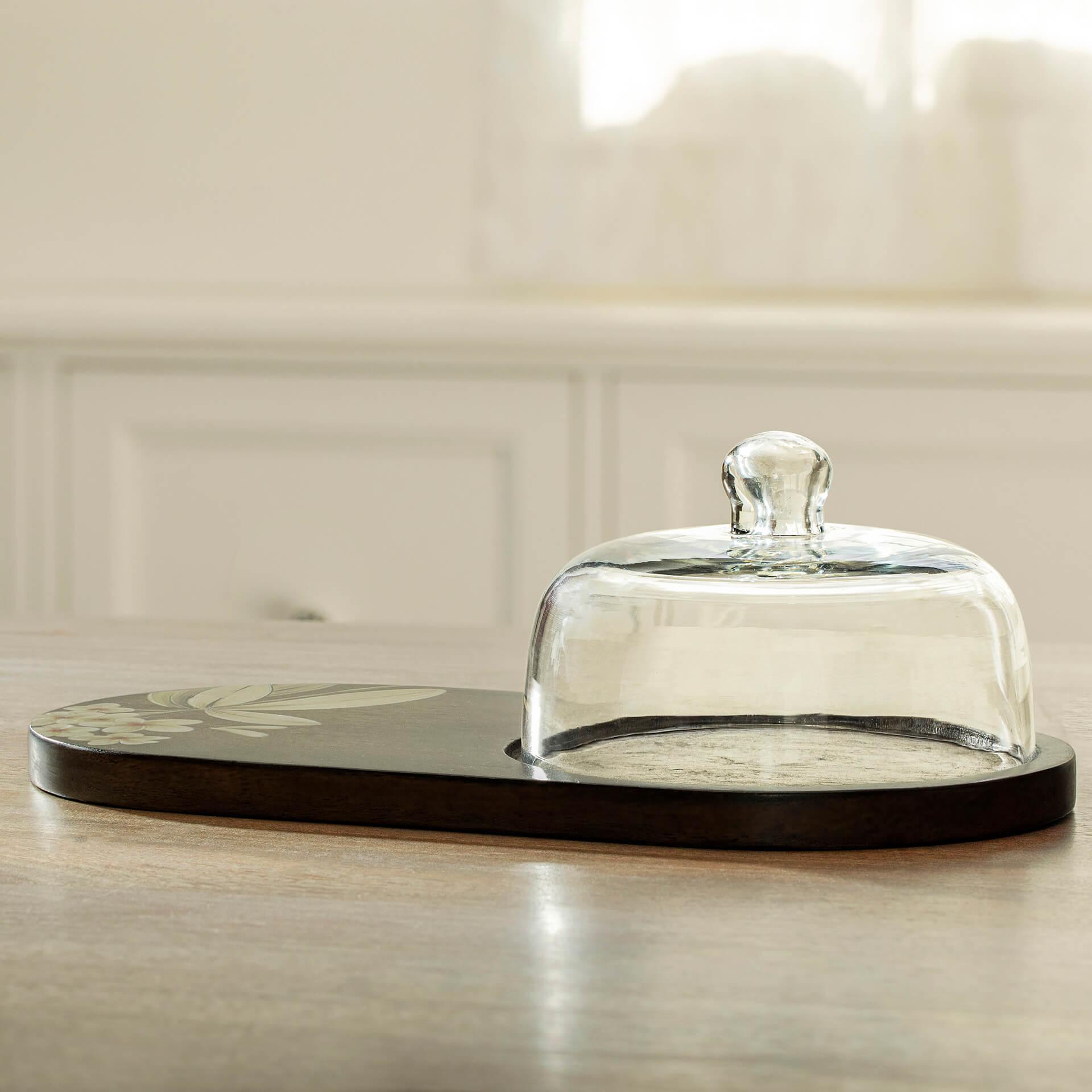 Fluted Glass Cloche with Mango Wood Platter
