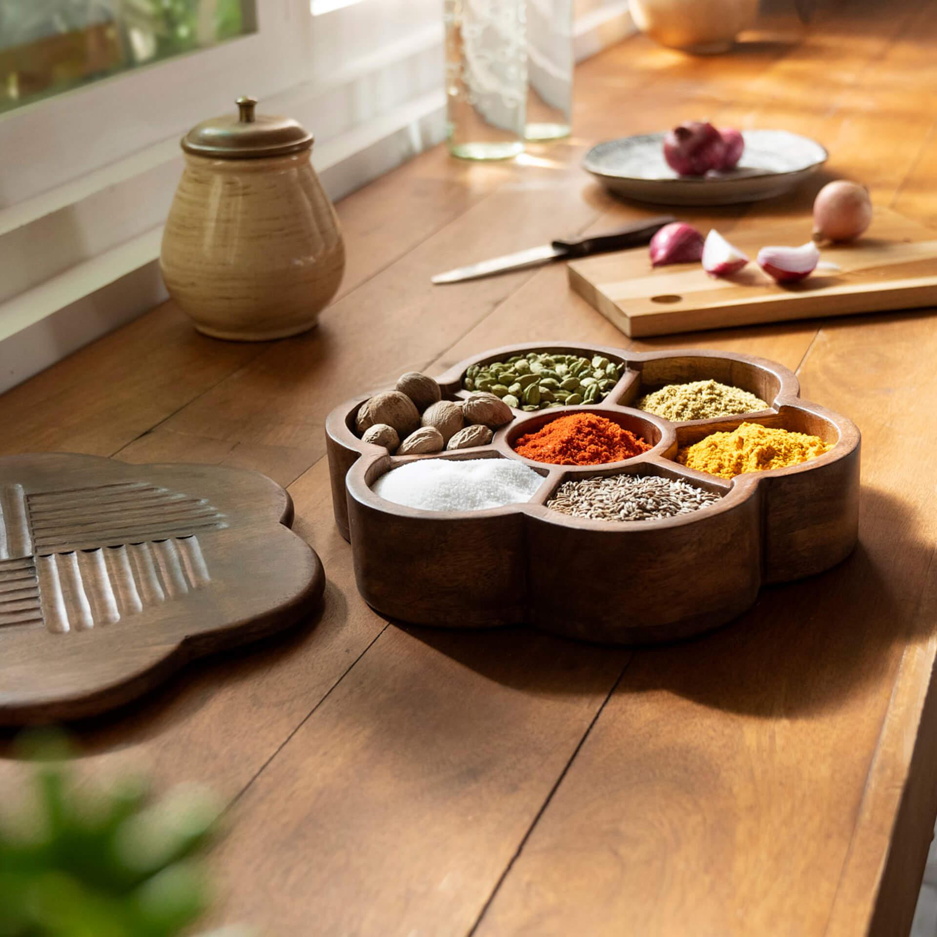 Flower-Carved Wooden Spice Box