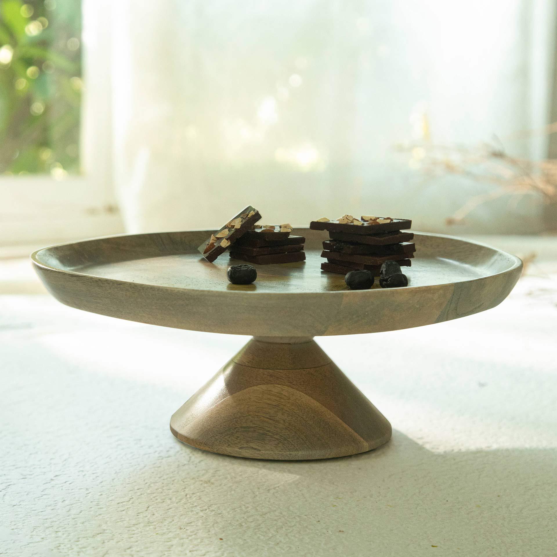Hand-Painted Leaf Wooden Cake Stand - Yellow